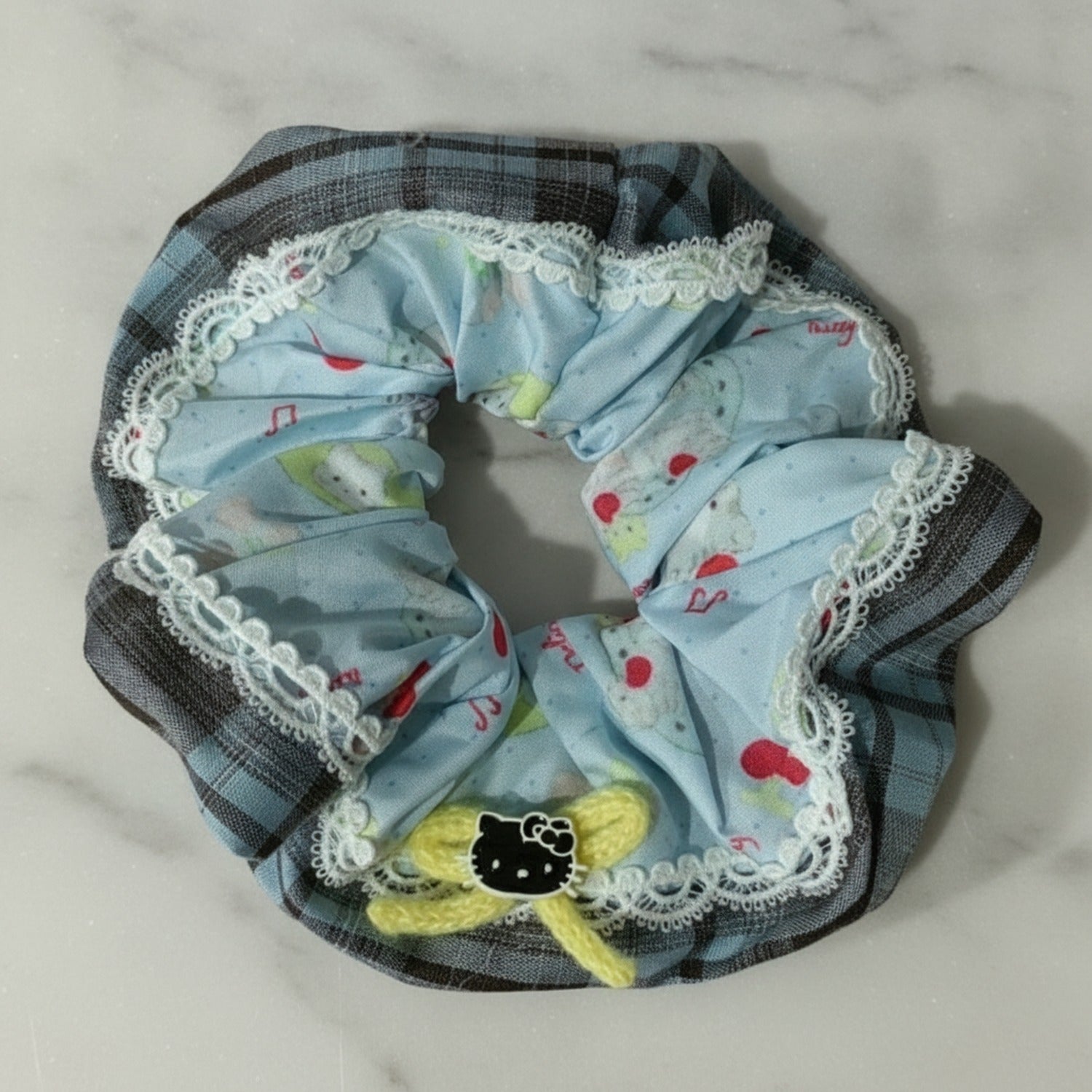 Plaid Lace-Trim Scrunchie with Hello Kitty Charm