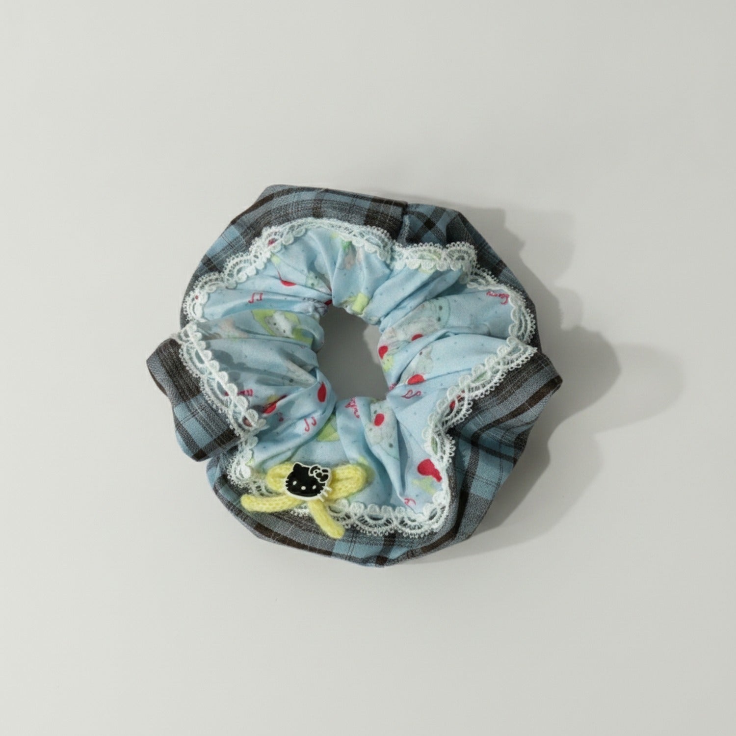 Plaid Lace-Trim Scrunchie with Hello Kitty Charm