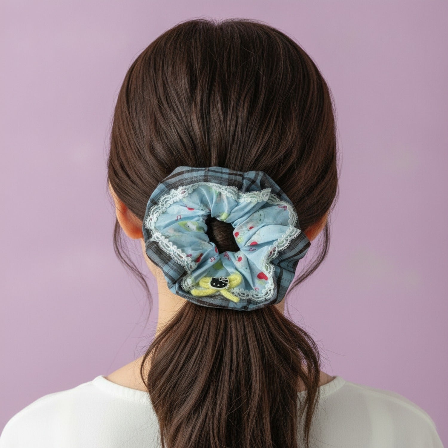 Plaid Lace-Trim Scrunchie with Hello Kitty Charm