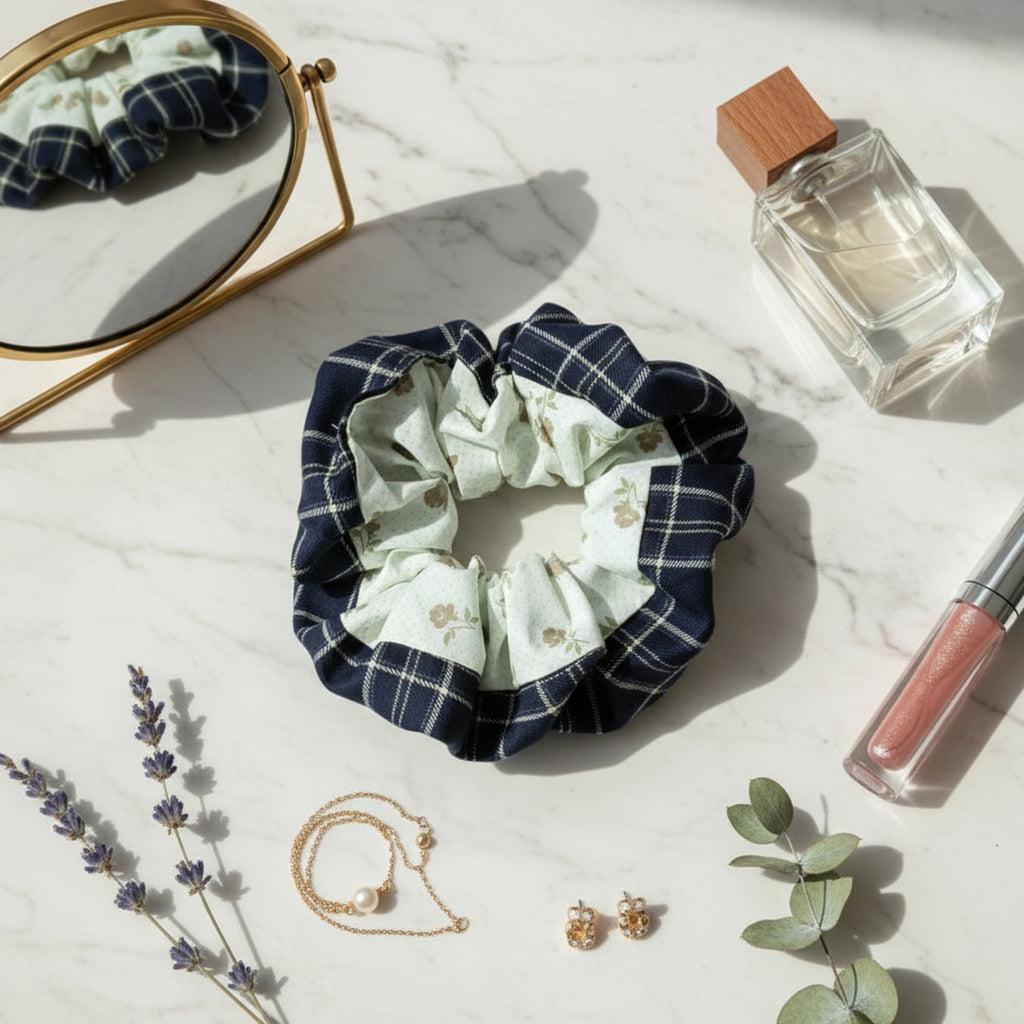 Plaid Floral Scrunchie With Ruffle Design – hair accessories (view 3)