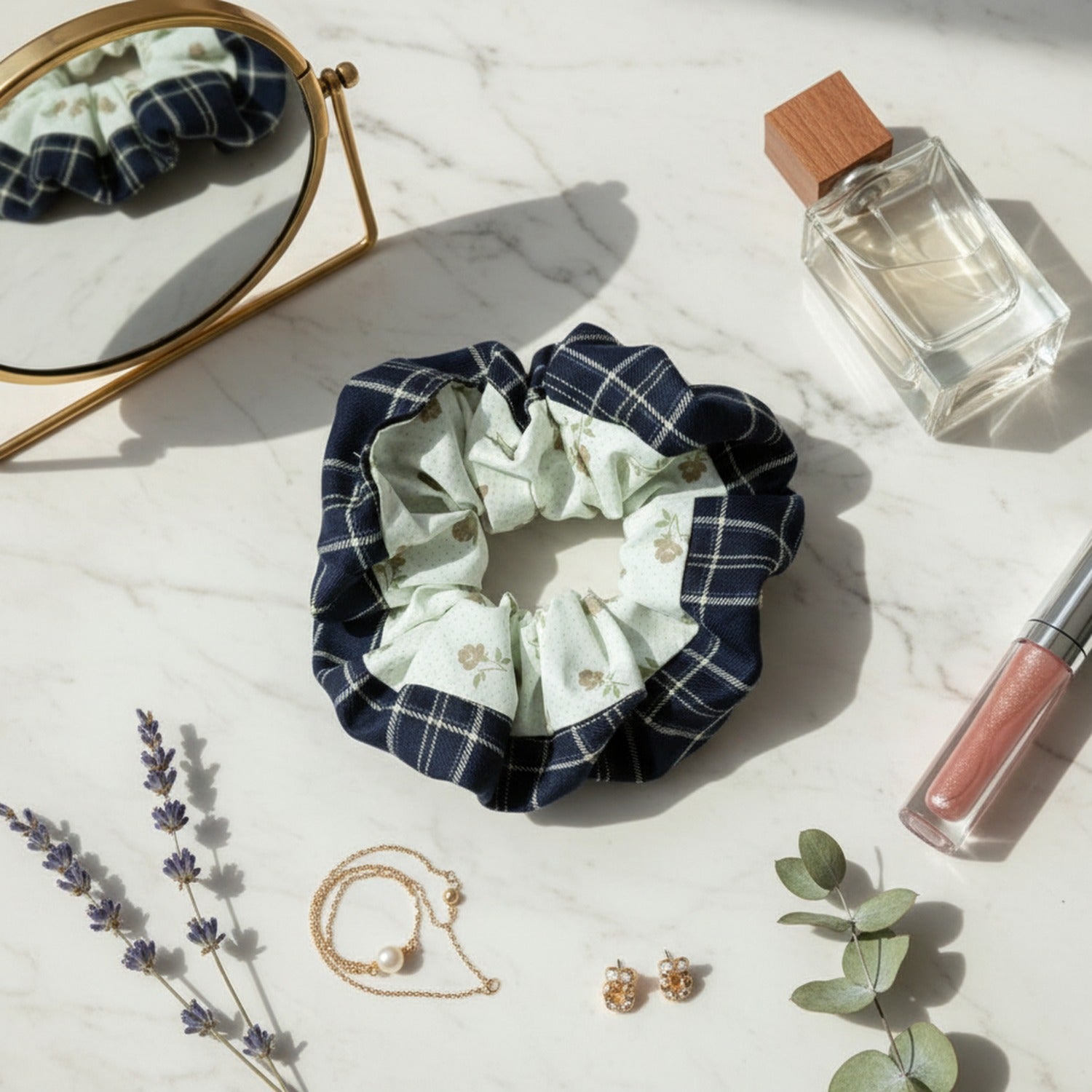 Plaid Floral Scrunchie With Ruffle Design – hair accessories (view 3)