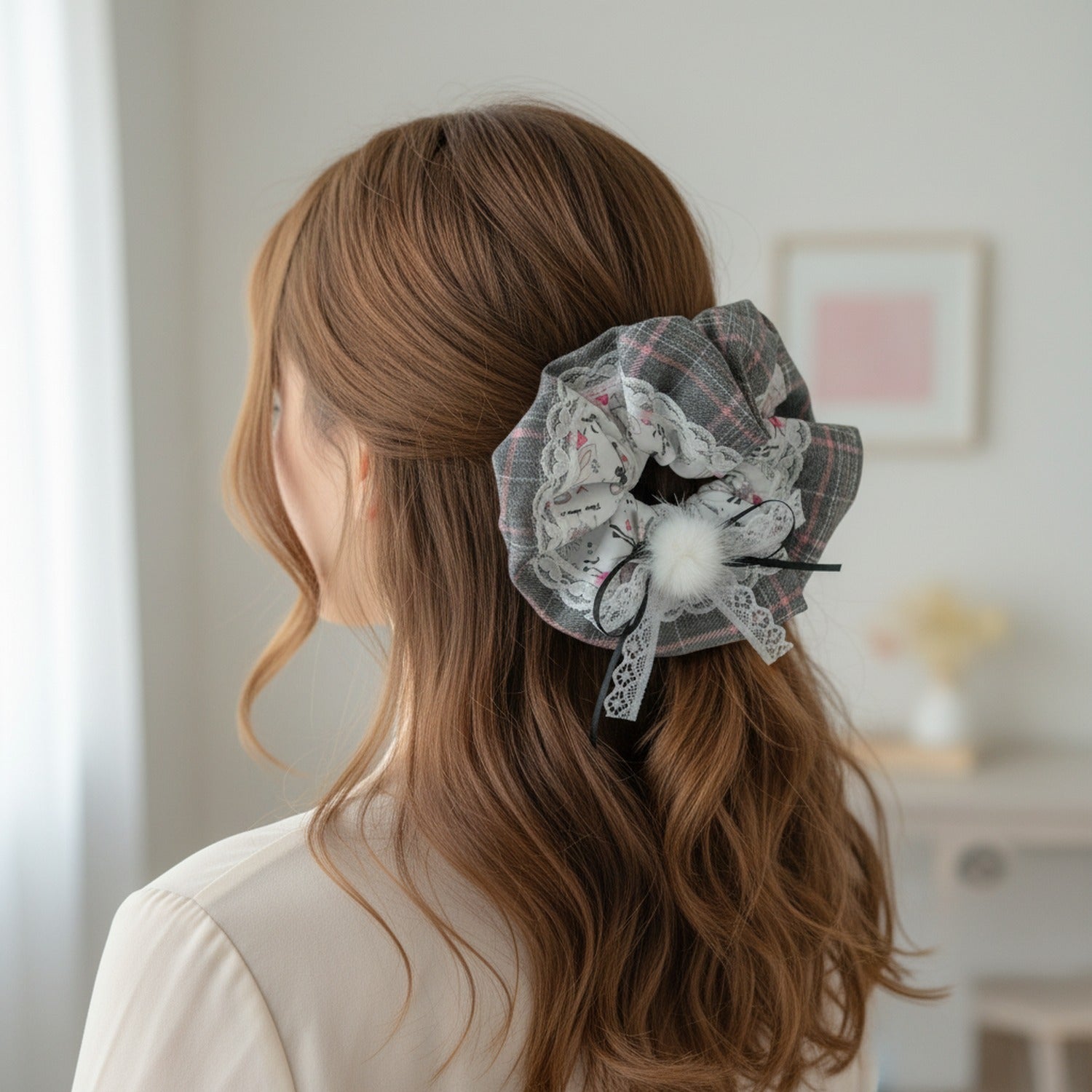 Plaid Lace Butterfly Scrunchie With Fuzzy Charm