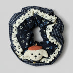Navy Floral Hair Scrunchie With Cream Lace Trim
