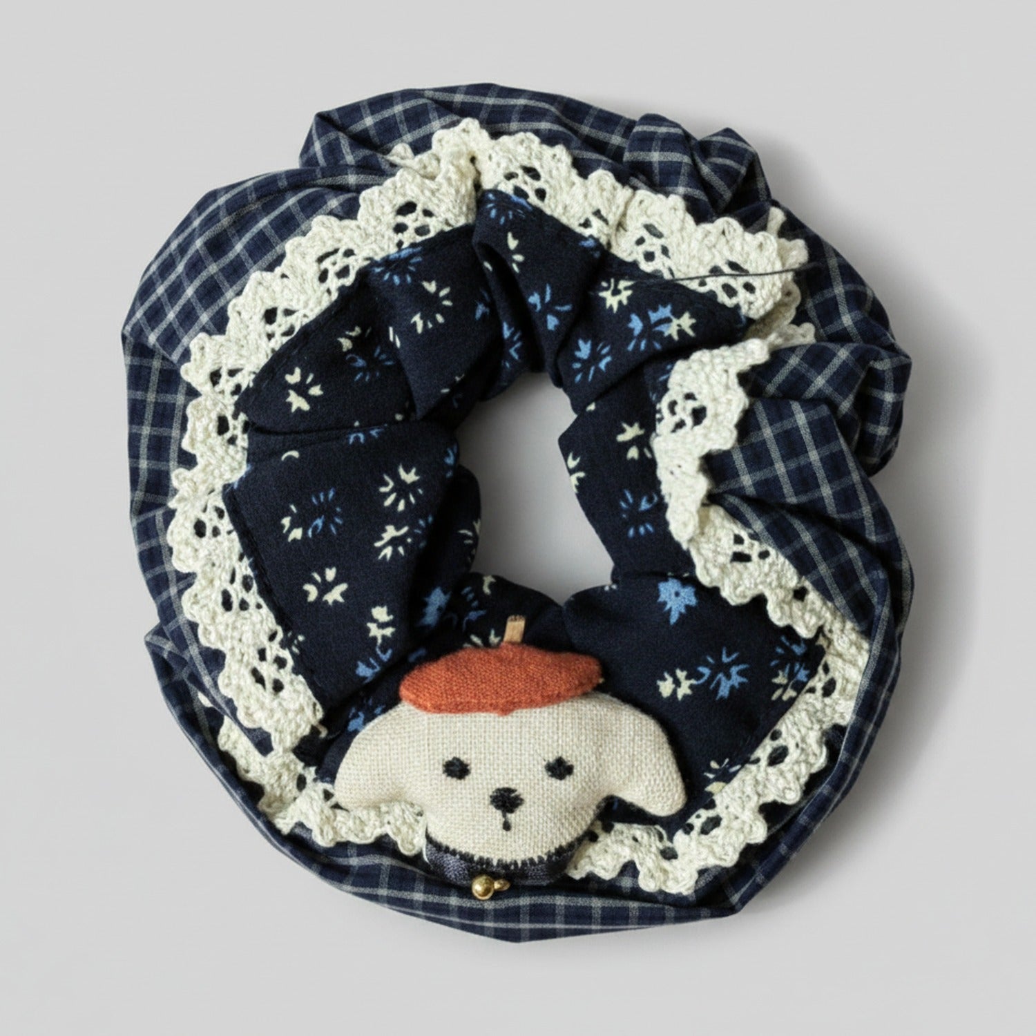 Navy Floral Hair Scrunchie With Cream Lace Trim