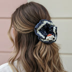 Navy Floral Hair Scrunchie With Cream Lace Trim