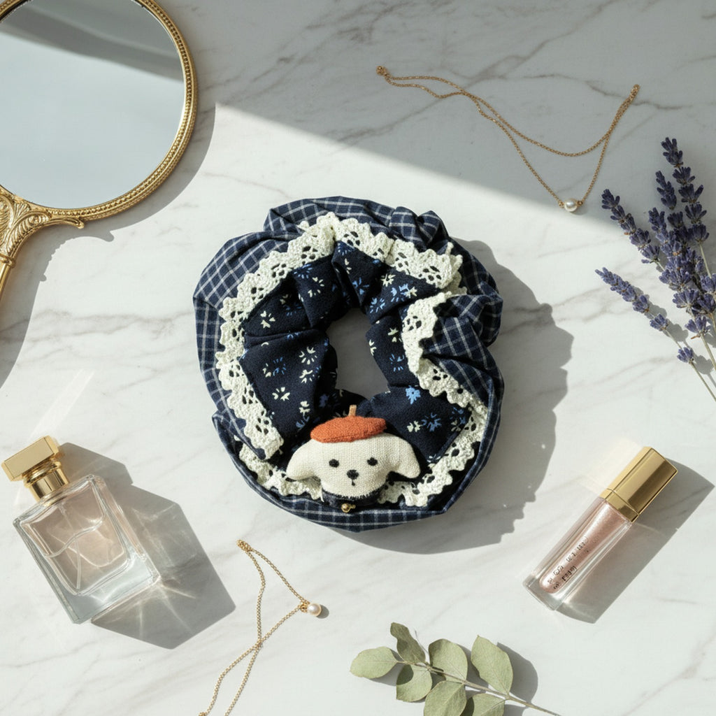 Navy Floral Hair Scrunchie With Cream Lace Trim – hair accessories (view 3)