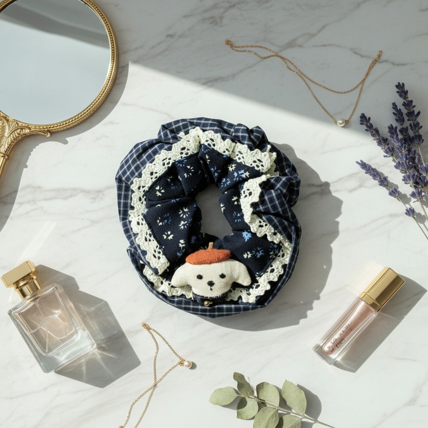 Navy Floral Hair Scrunchie With Cream Lace Trim – hair accessories (view 3)