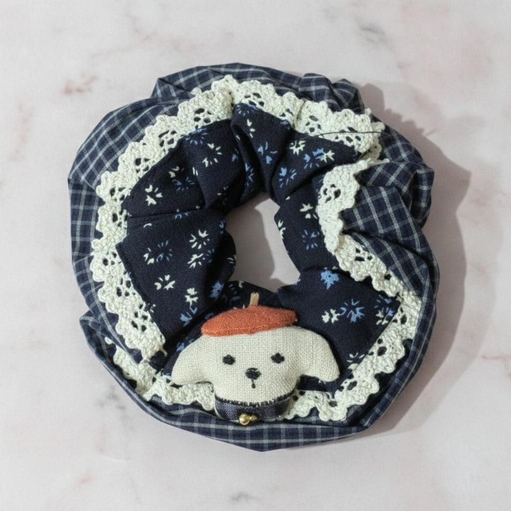 Navy Floral Hair Scrunchie With Cream Lace Trim – hair accessories (view 2)