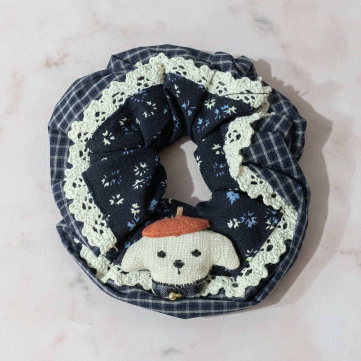 Navy Floral Hair Scrunchie With Cream Lace Trim