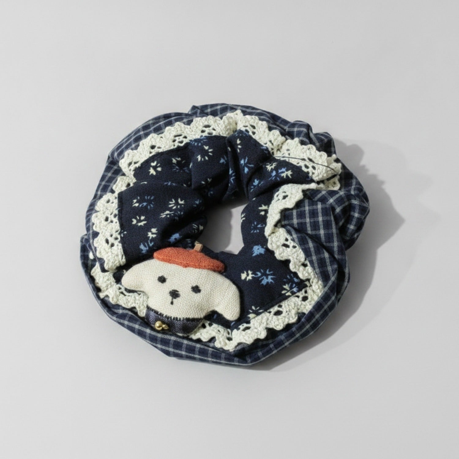 Navy Floral Hair Scrunchie With Cream Lace Trim