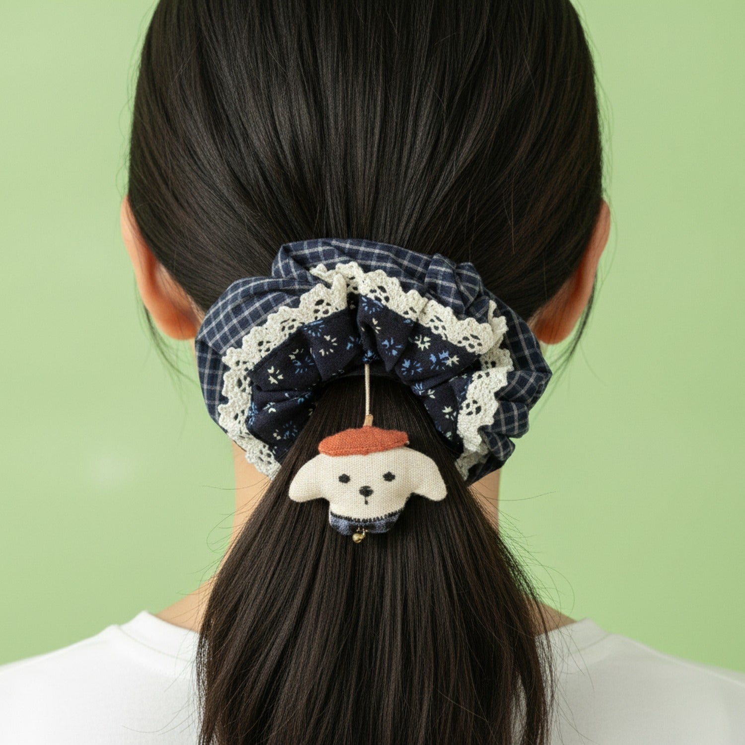 Navy Floral Hair Scrunchie With Cream Lace Trim