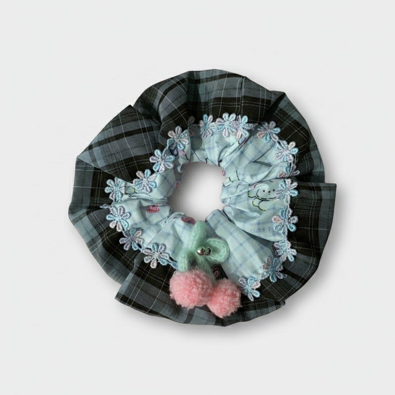 Plaid Scrunchie With Lace Floral Pom Detail