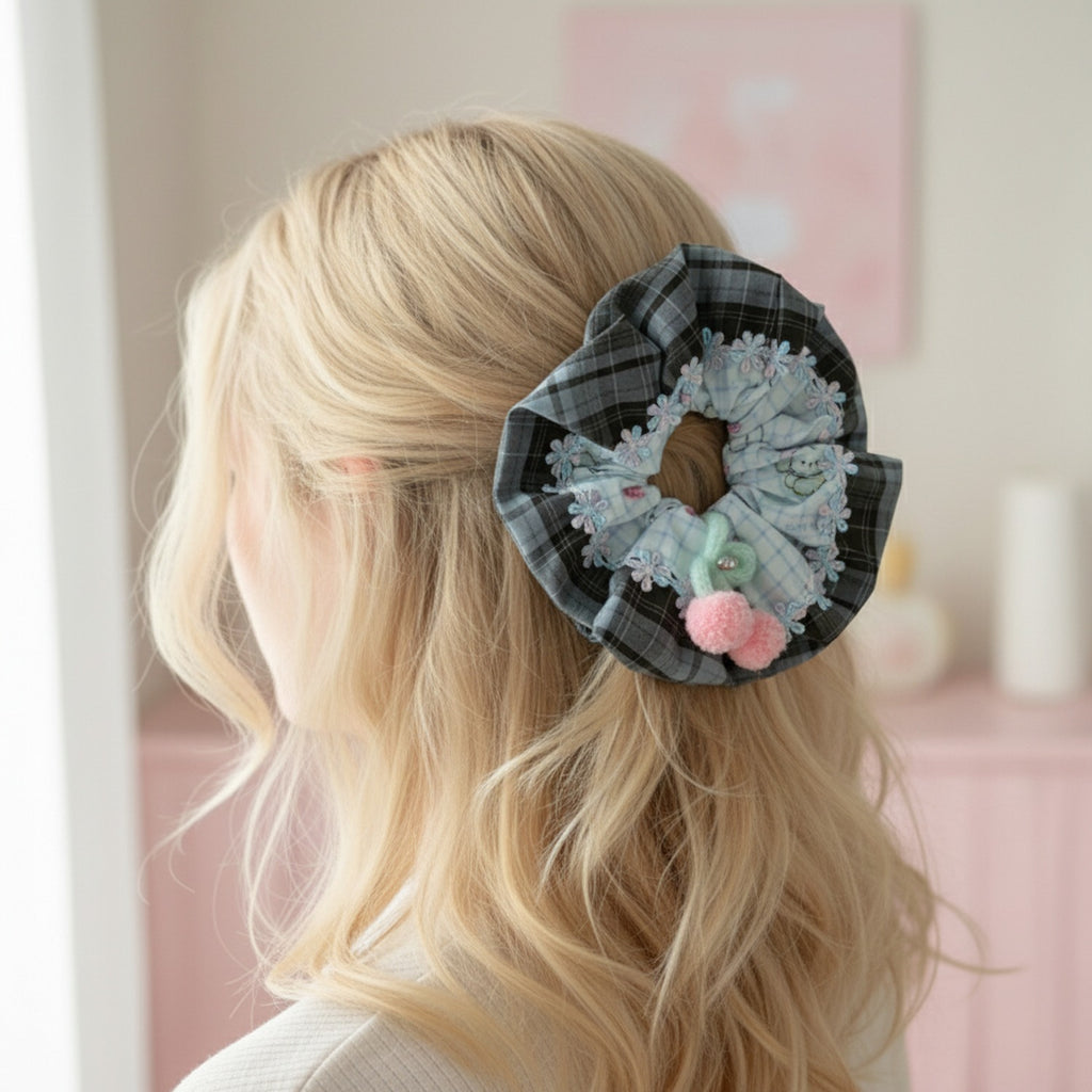 Plaid Scrunchie With Lace Floral Pom Detail