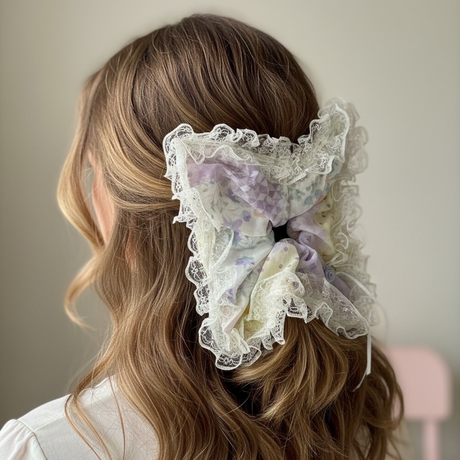 Lace Butterfly Hair Bow Scrunchie Mint Green