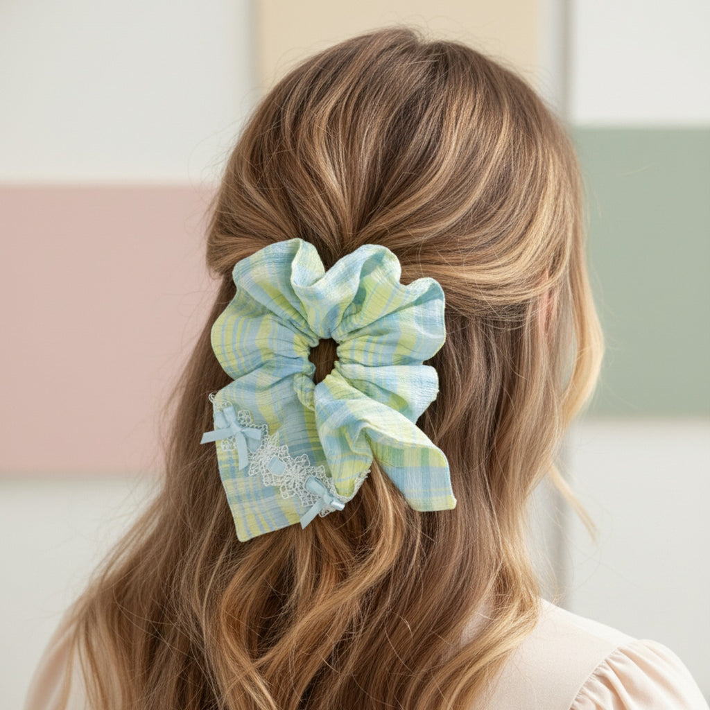 Plaid Hair Tie With Lace Trim Bow