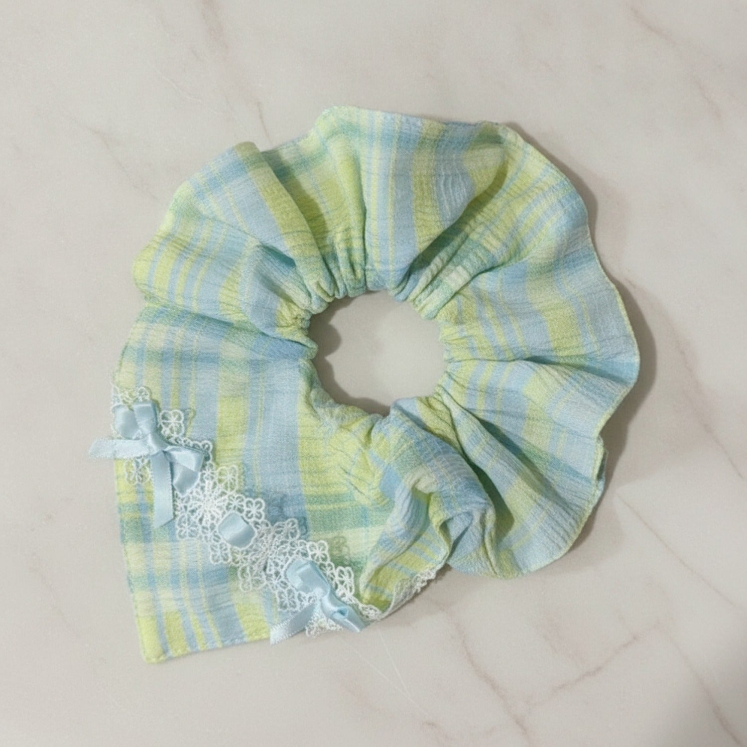 Plaid Hair Tie With Lace Trim Bow