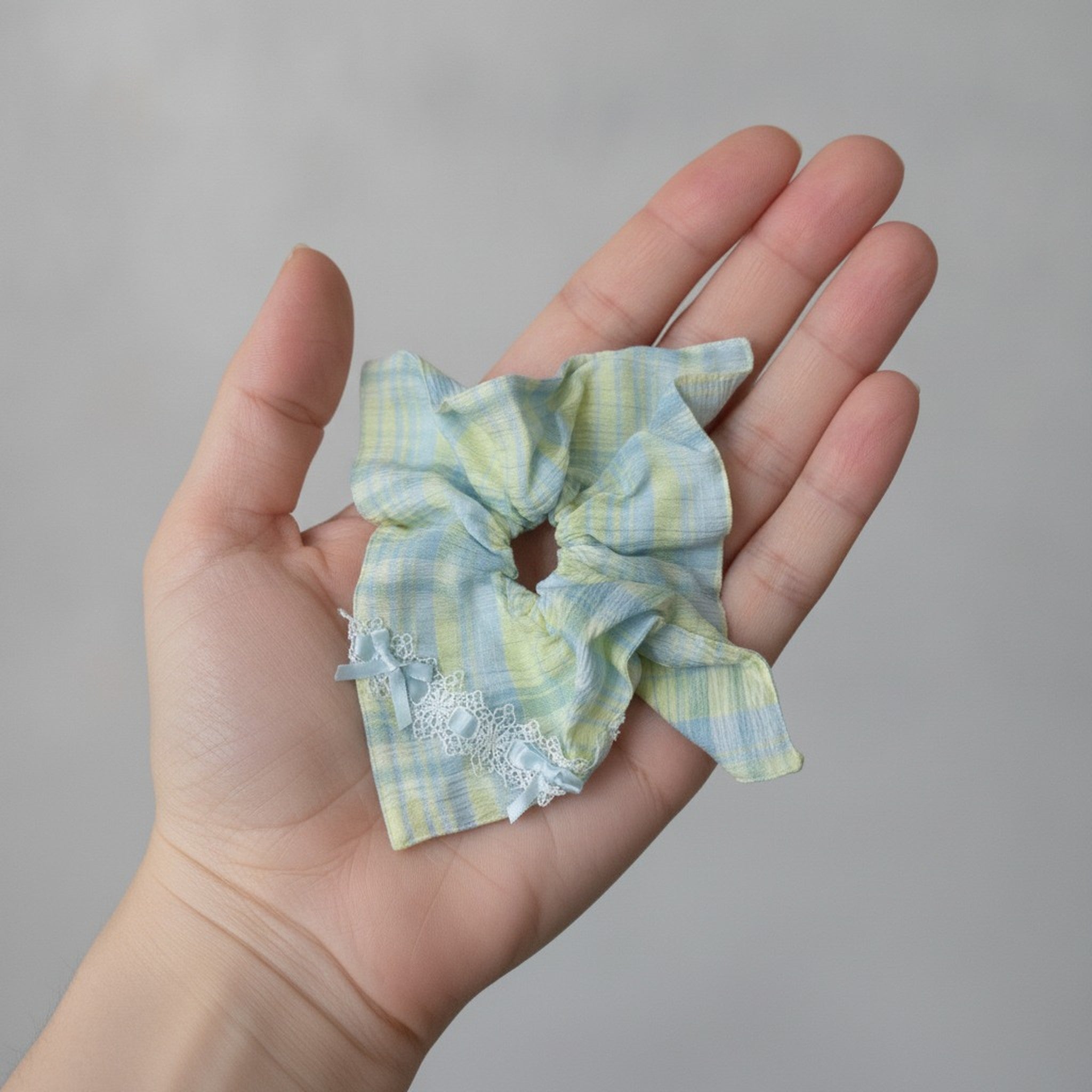 Plaid Ribbon and Lace Trim Scrunchie – hair accessories (view 3)