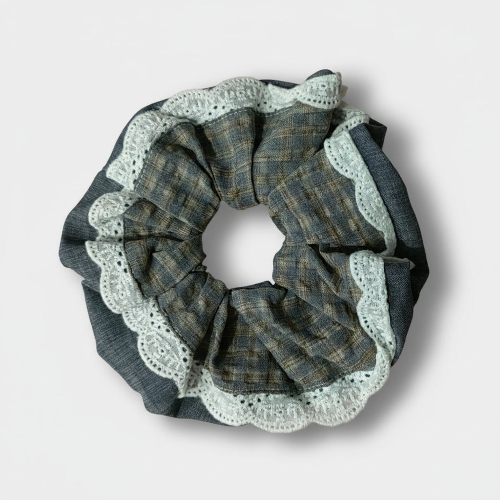Lace Plaid Hair Scrunchie With Eyelet Trim