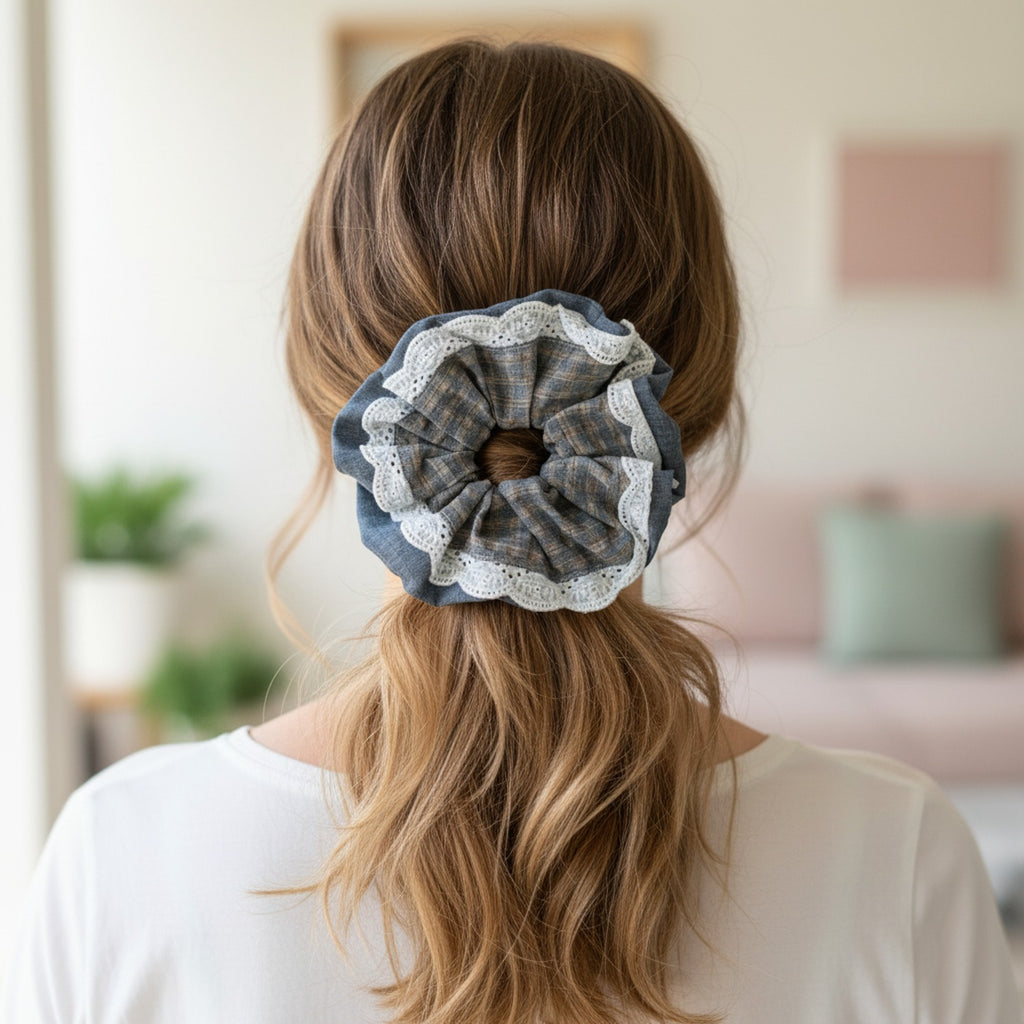 Lace Plaid Hair Scrunchie With Eyelet Trim