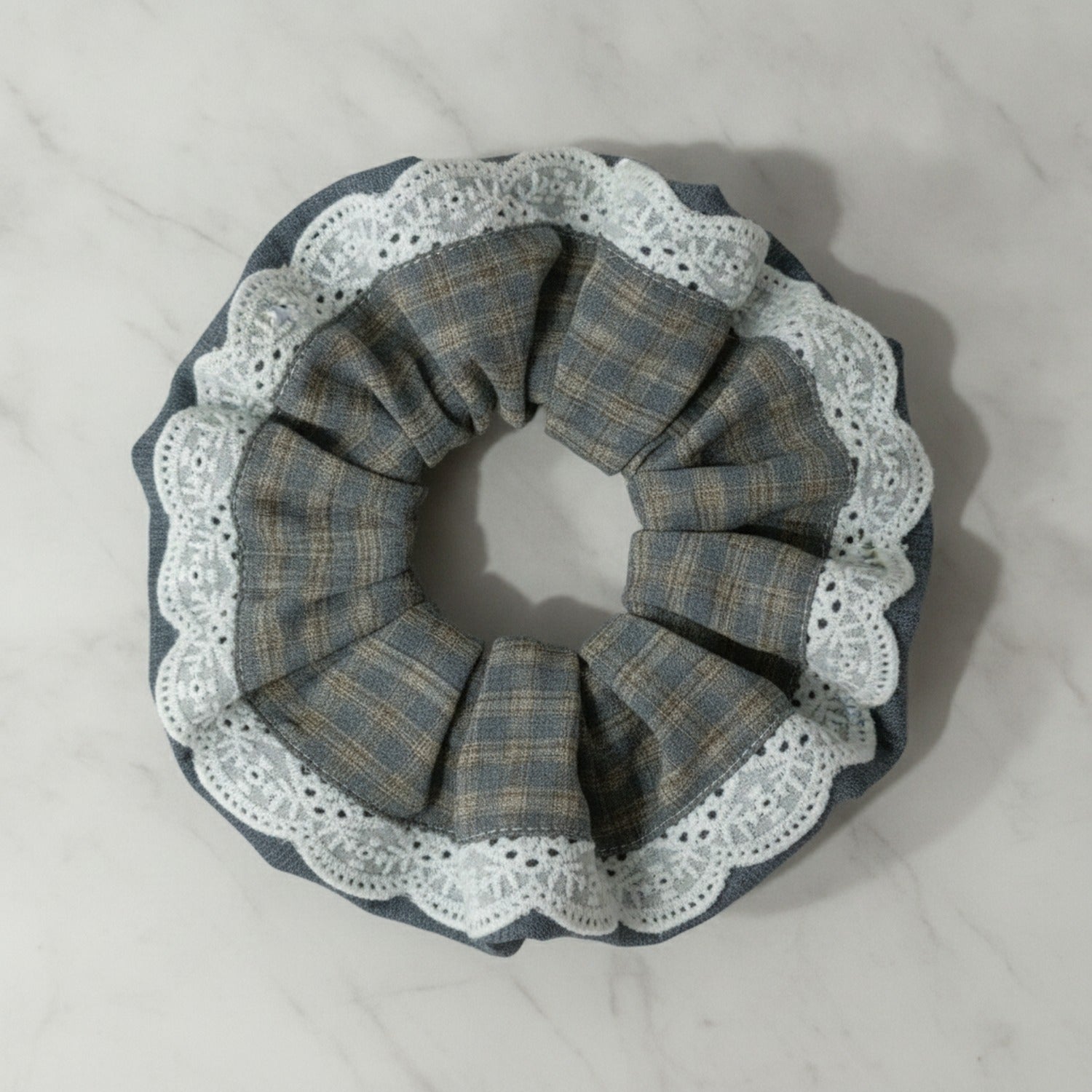 Lace Plaid Hair Scrunchie With Eyelet Trim