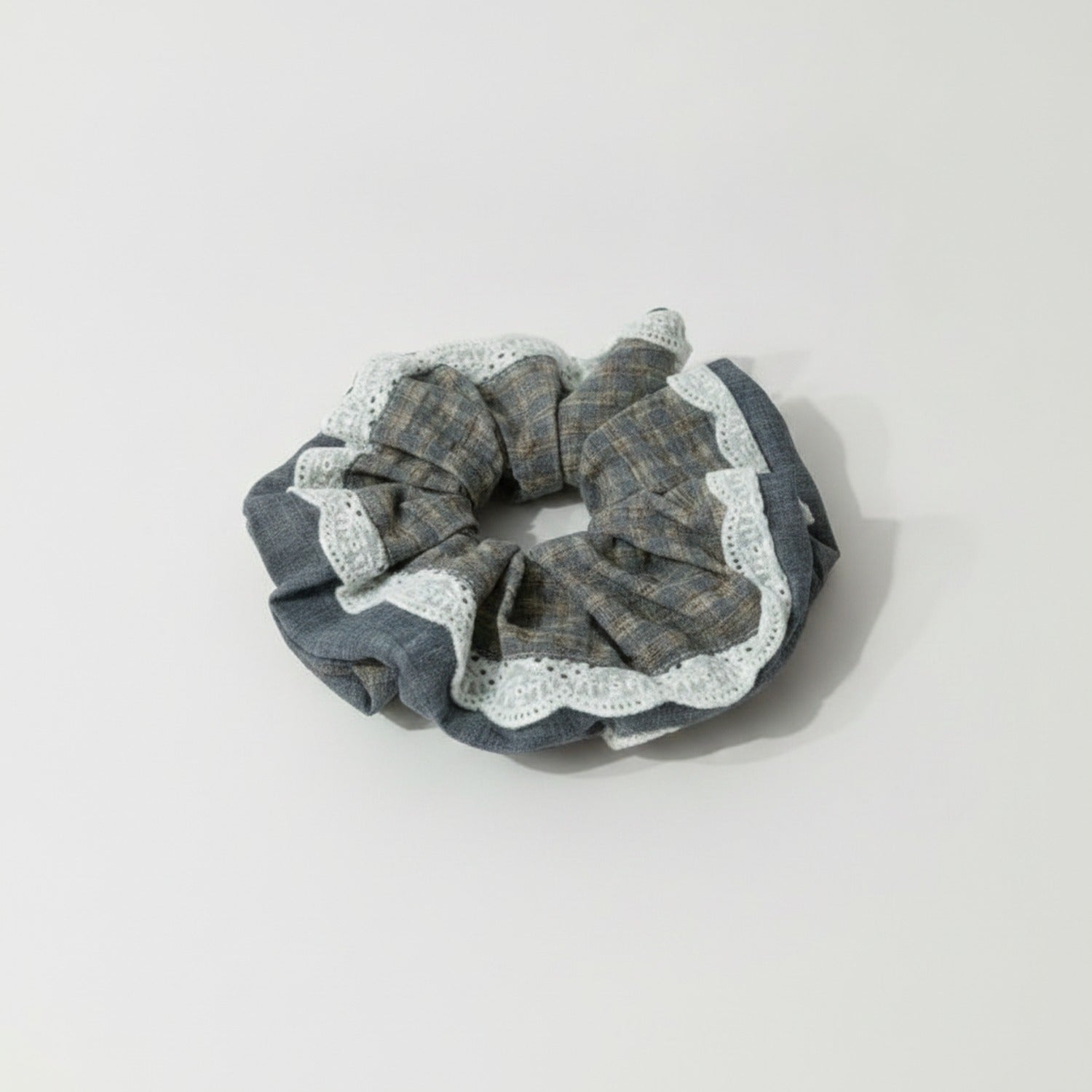 Lace Plaid Hair Scrunchie With Eyelet Trim