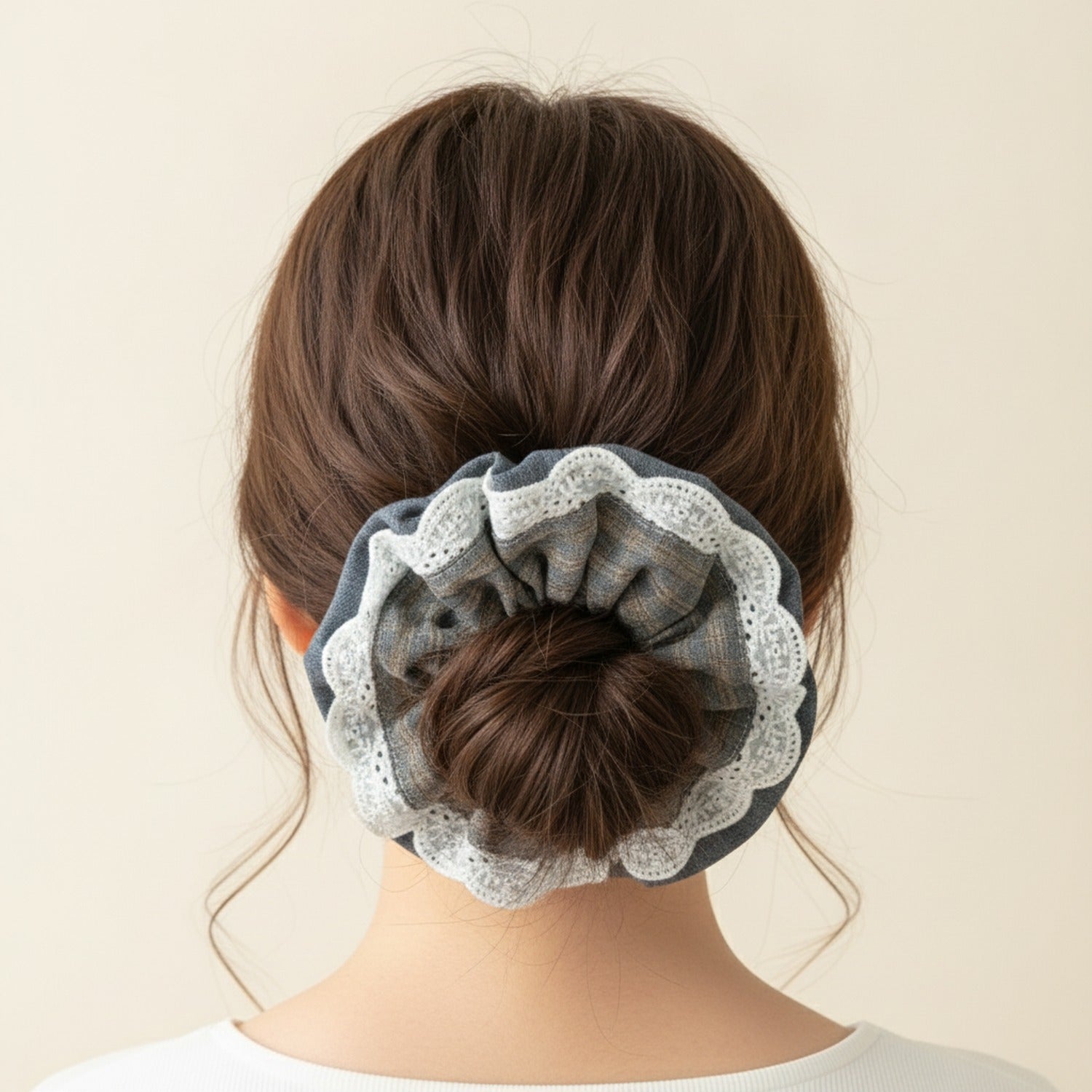 Lace Plaid Hair Scrunchie With Eyelet Trim