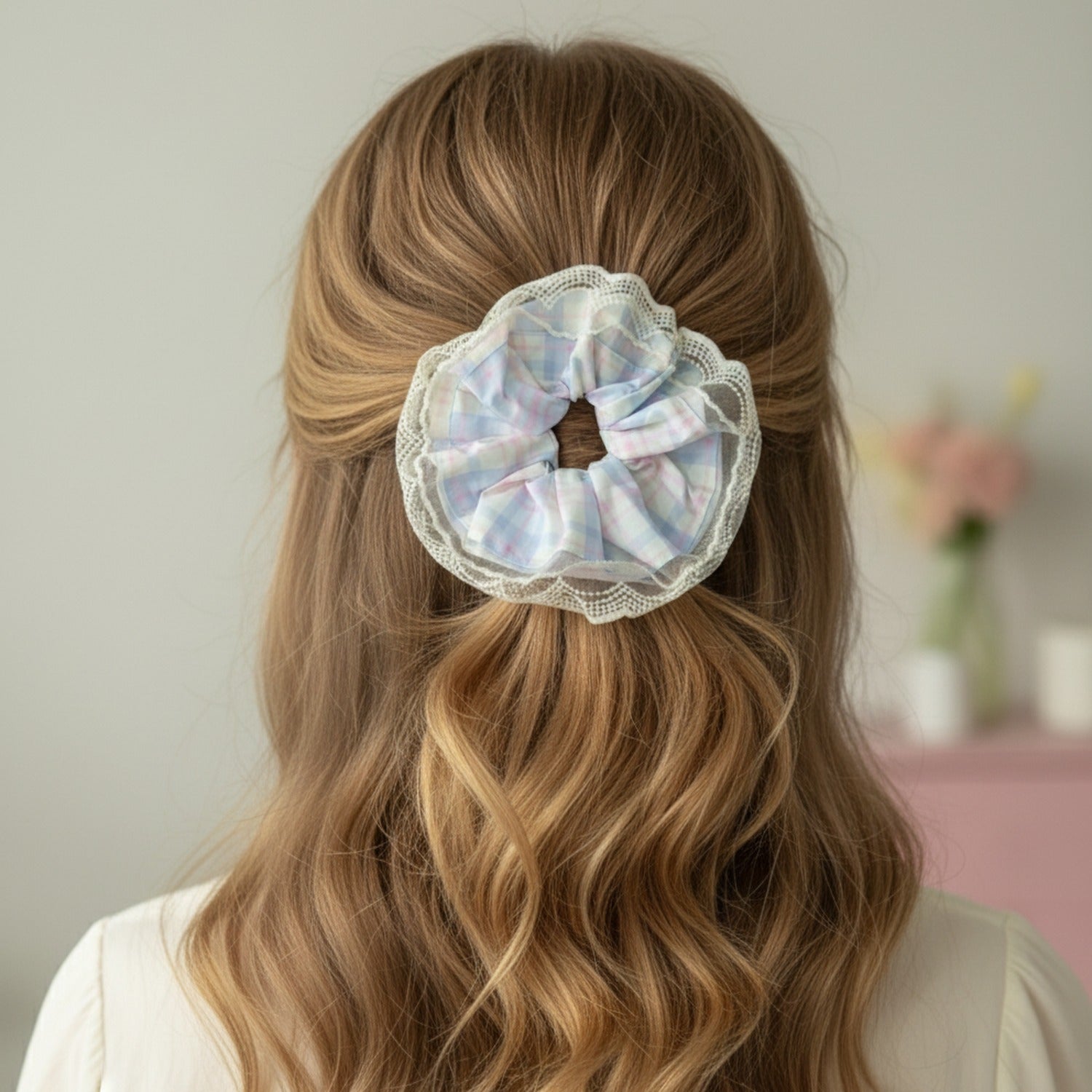 Pastel Plaid Lace Scrunchie Hair Tie