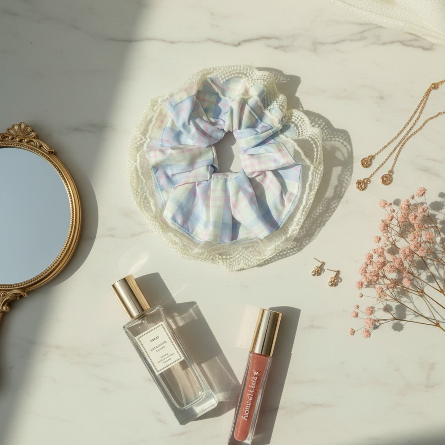 Pastel Plaid Lace Scrunchie Hair Tie – hair accessories (view 3)