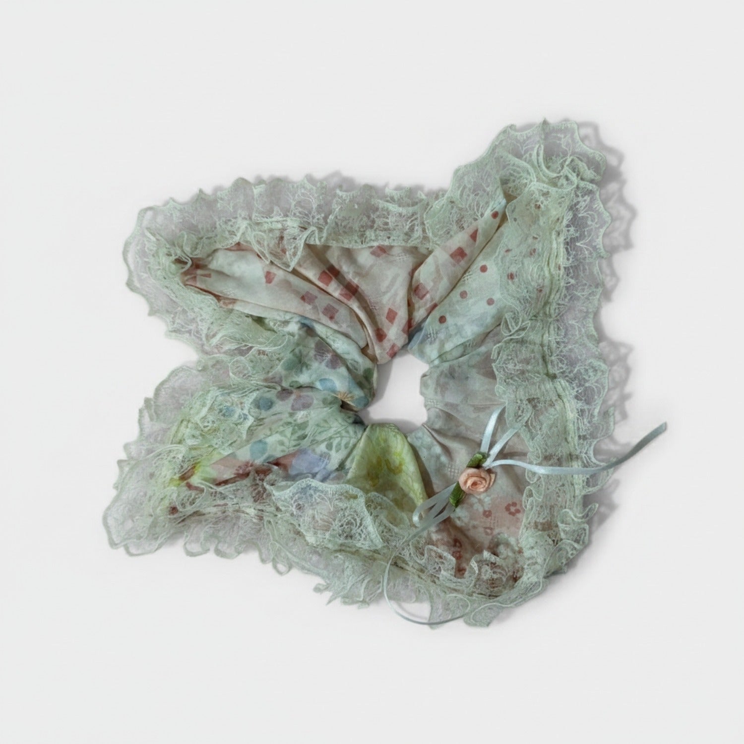 Mint Lace Ruffle Hair Scrunchie With Floral Charm