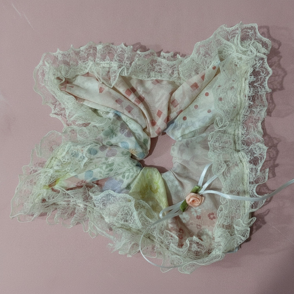 Mint Lace Ruffle Hair Scrunchie With Floral Charm – hair accessories (view 2)