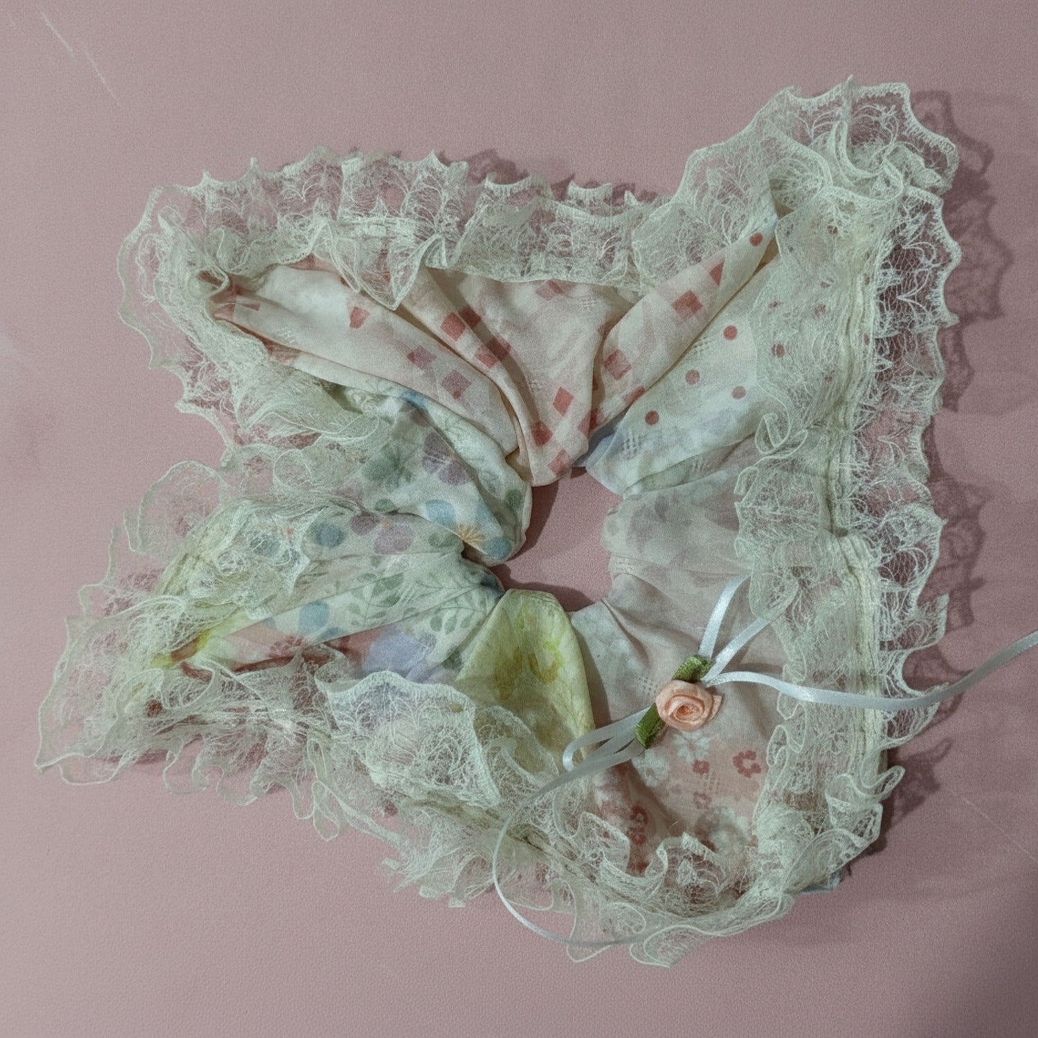 Mint Lace Ruffle Hair Scrunchie With Floral Charm