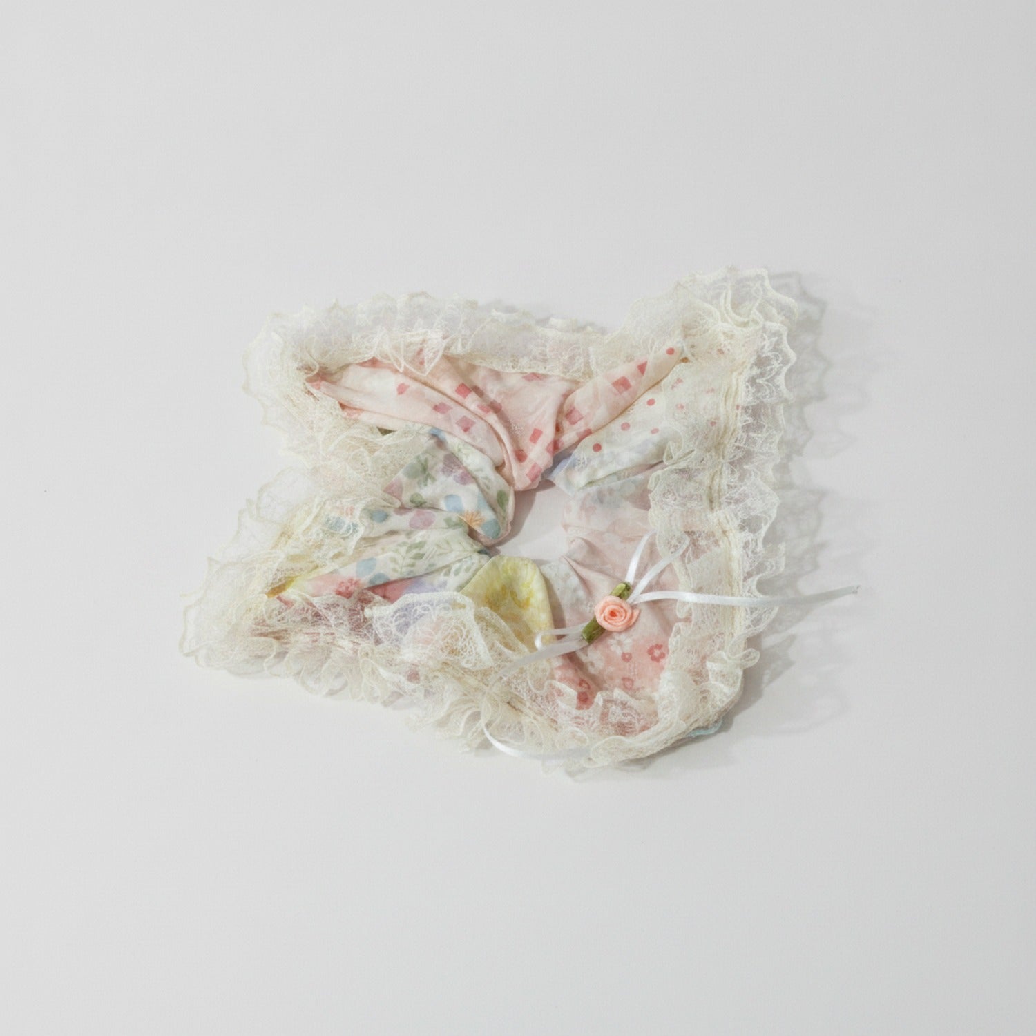Mint Lace Ruffle Hair Scrunchie With Floral Charm