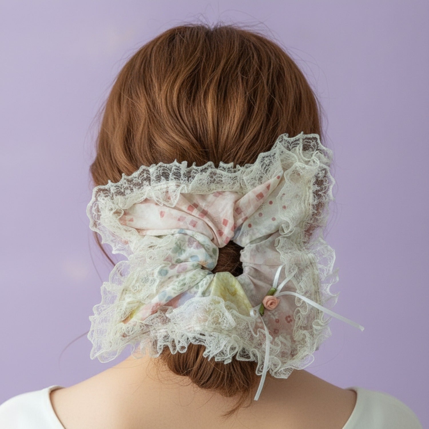 Mint Lace Ruffle Hair Scrunchie With Floral Charm