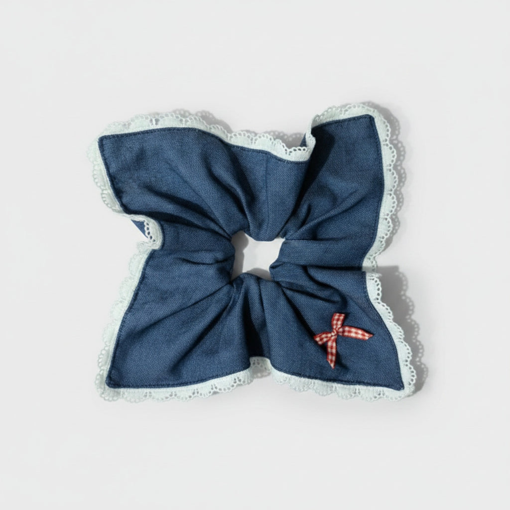 Navy Lace Scalloped Bow Hair Scrunchie
