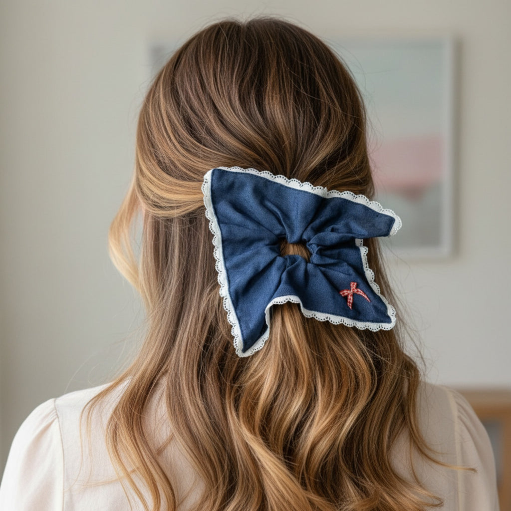 Navy Lace Scalloped Bow Hair Scrunchie