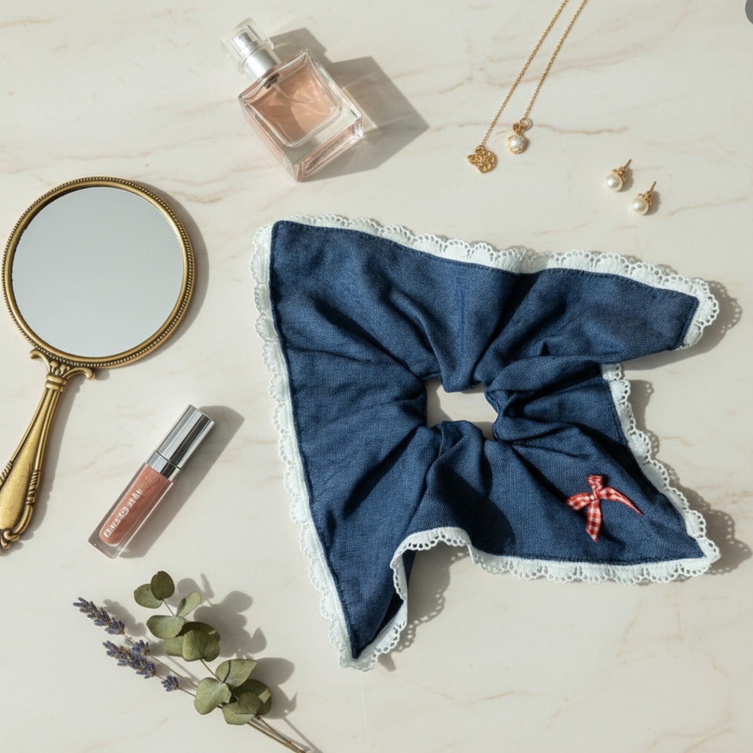 Navy Lace Scalloped Bow Hair Scrunchie – hair accessories (view 3)