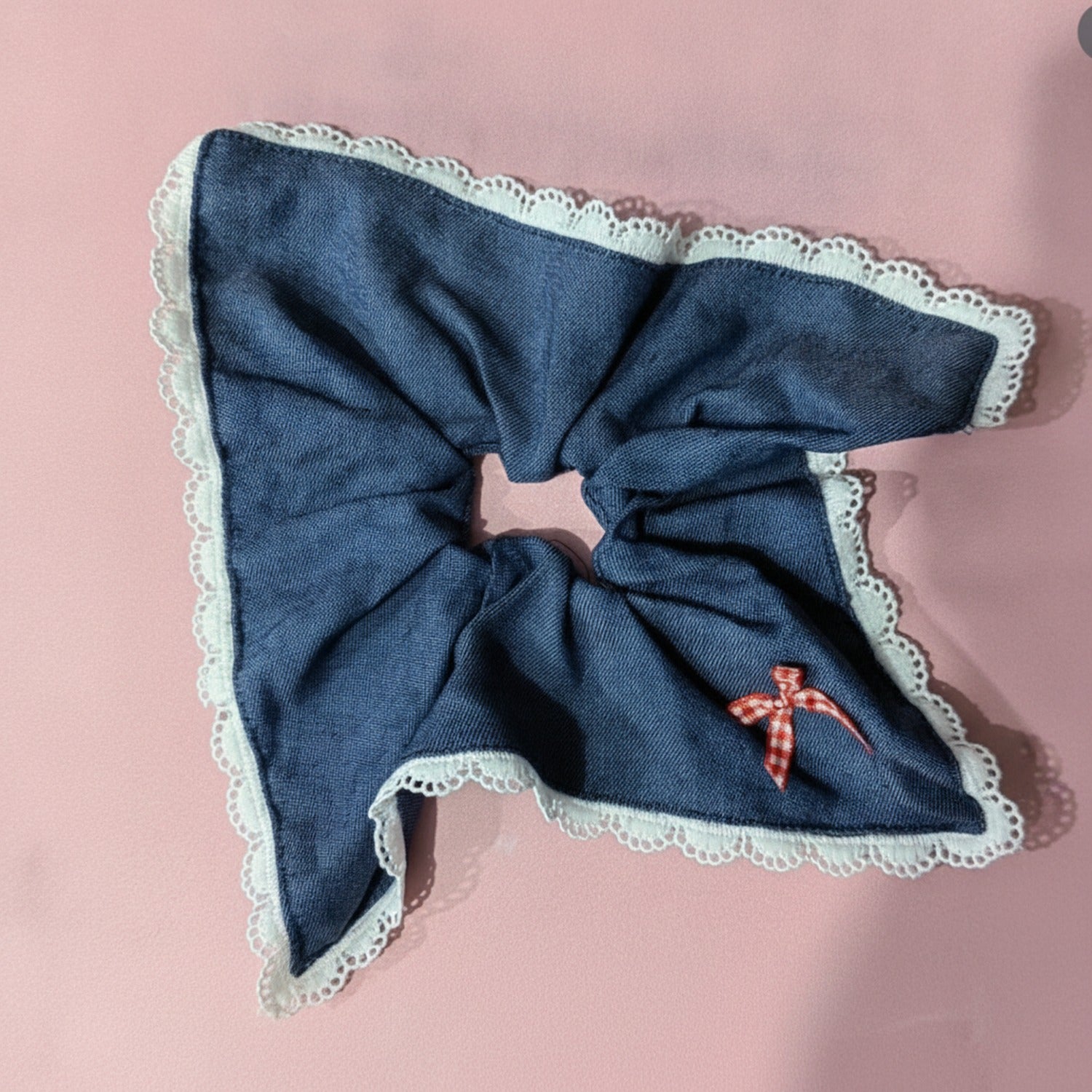 Navy Lace Scalloped Bow Hair Scrunchie