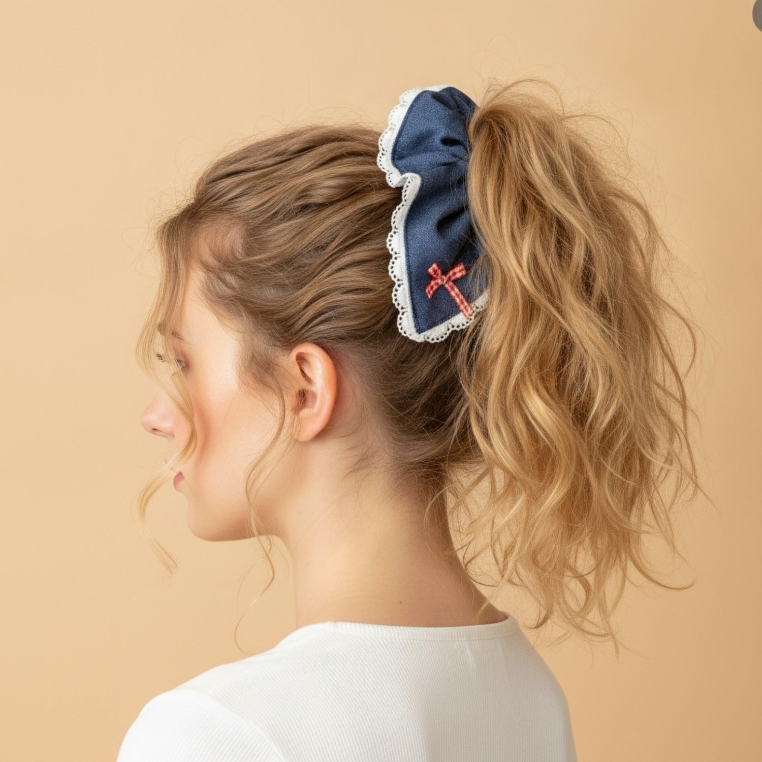 Navy Lace Scalloped Bow Hair Scrunchie
