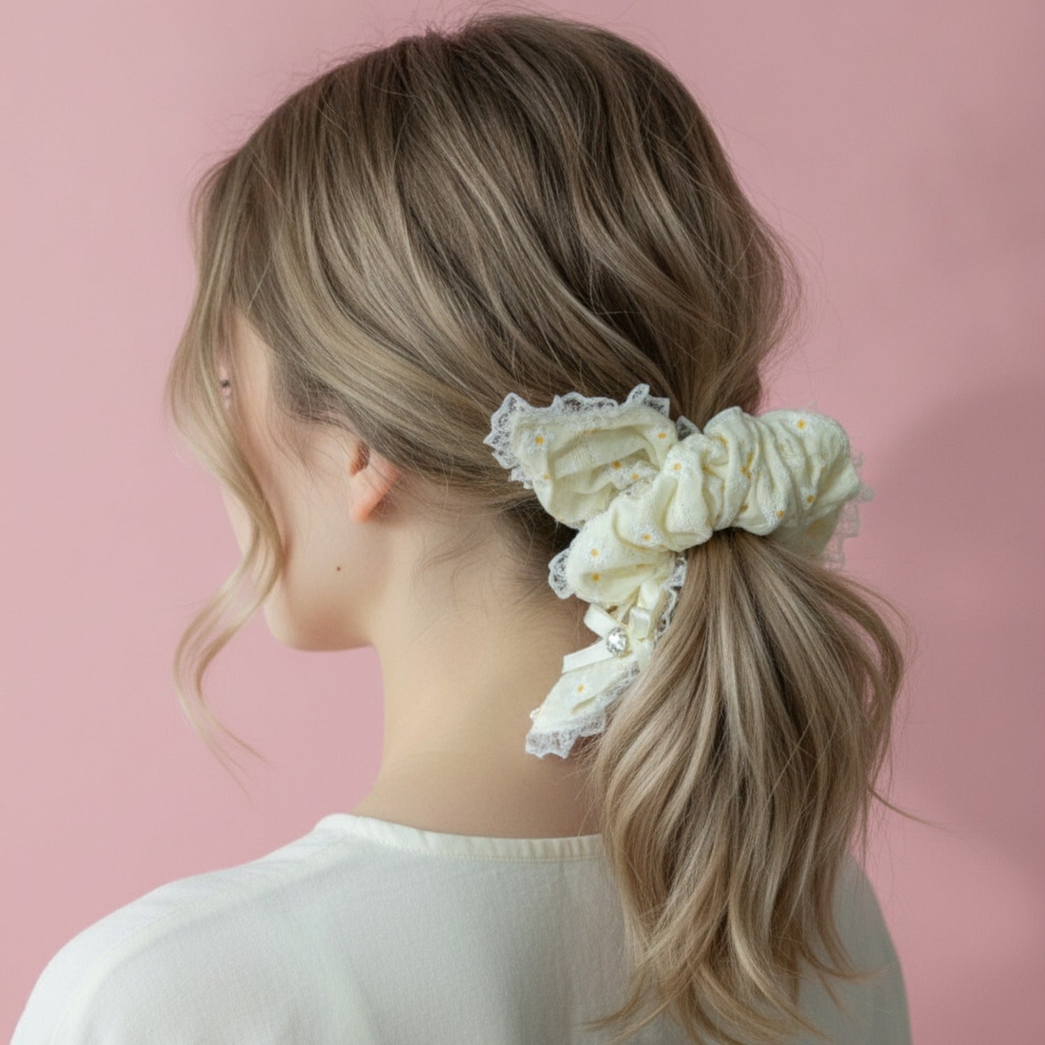 Daisy Lace Ruffle Hair Scrunchie Cream