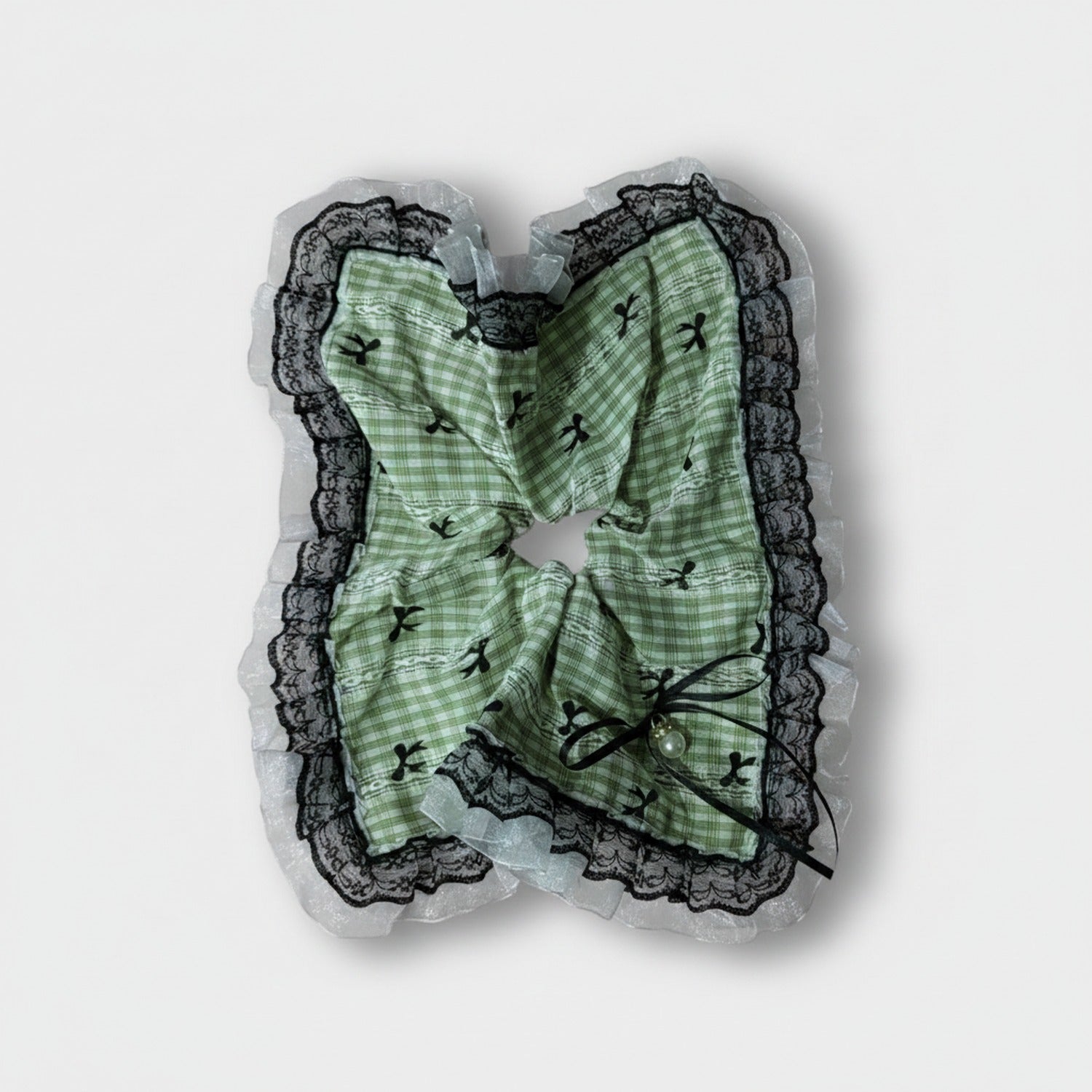 Green Plaid Lace Scrunchie Set With Bow