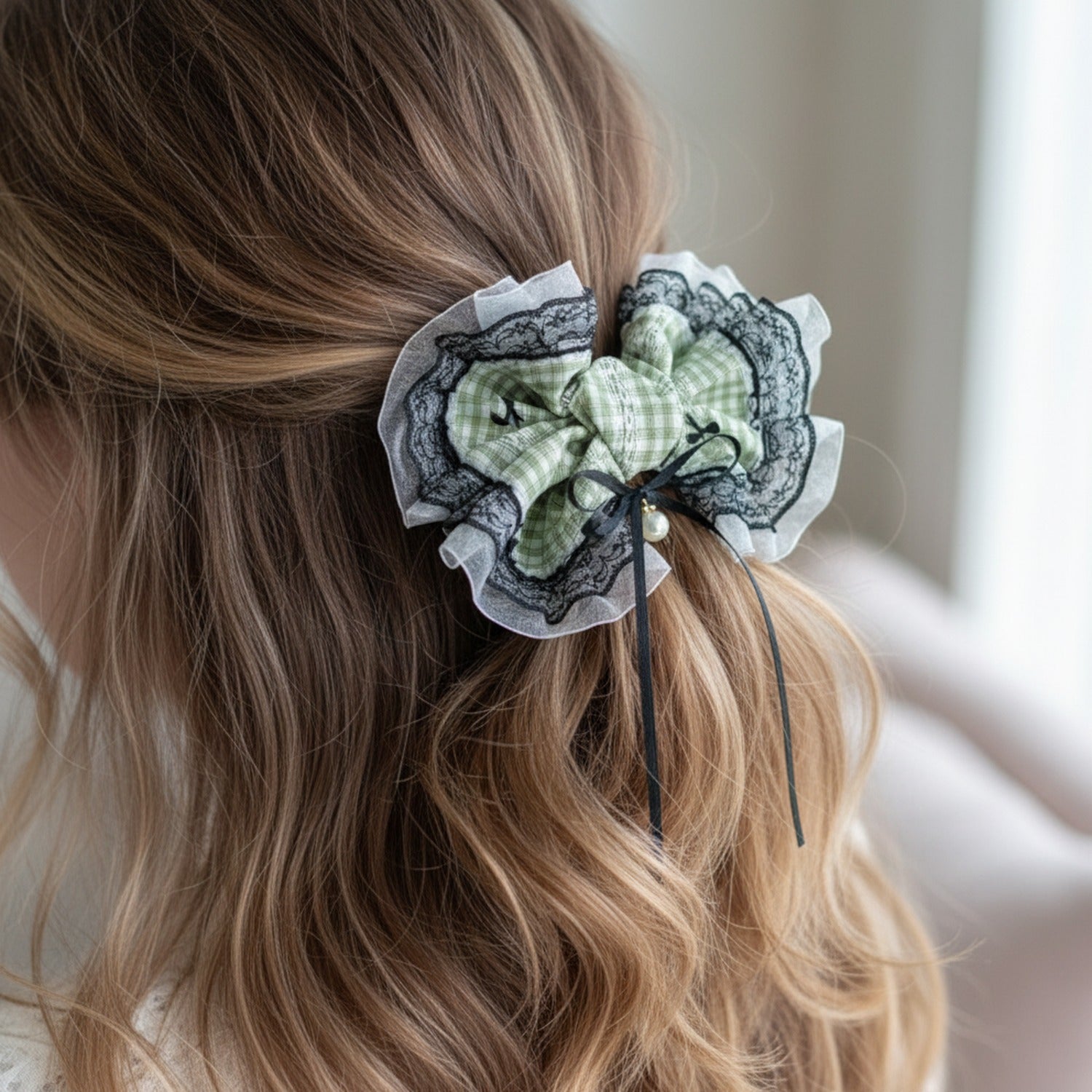 Green Plaid Lace Scrunchie Set With Bow