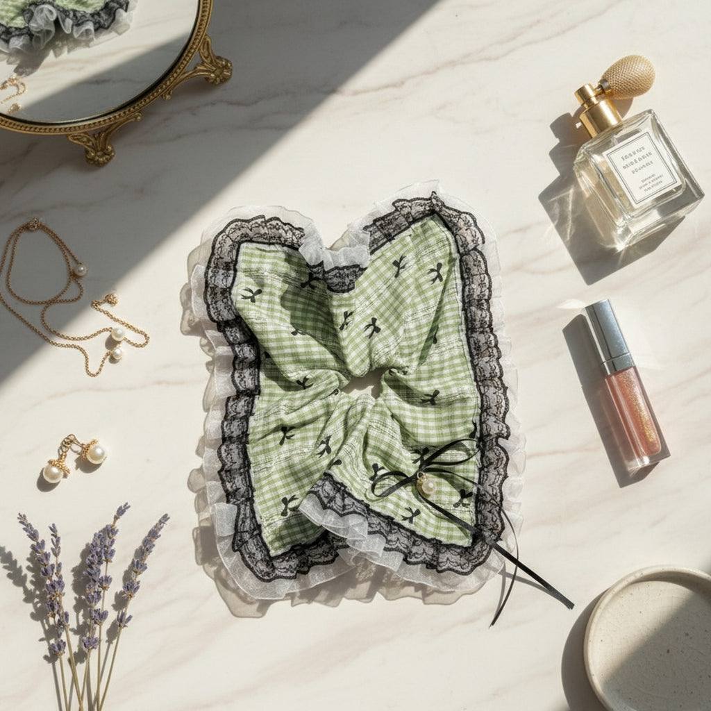 Green Plaid Lace Scrunchie Set With Bow – hair accessories (view 3)