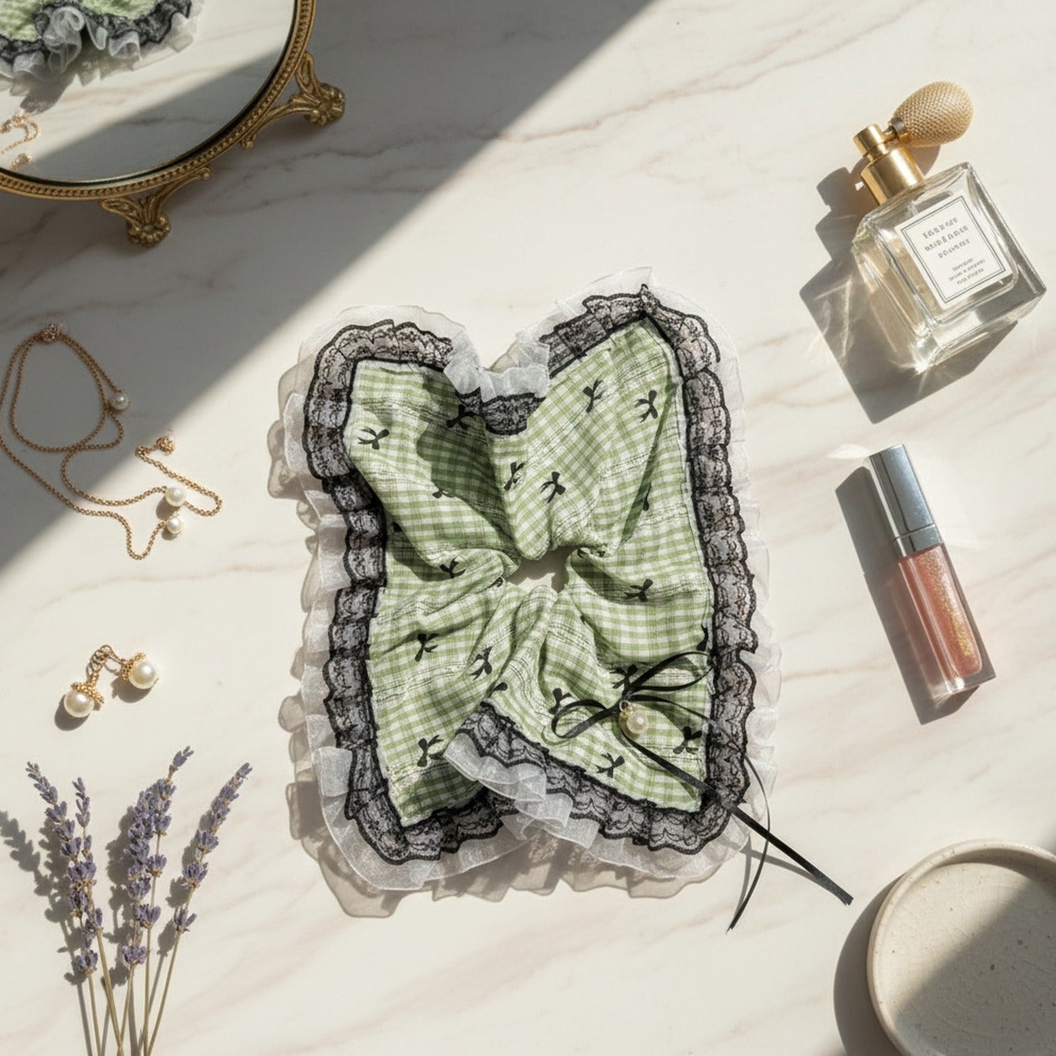 Green Plaid Lace Scrunchie Set With Bow – hair accessories (view 3)