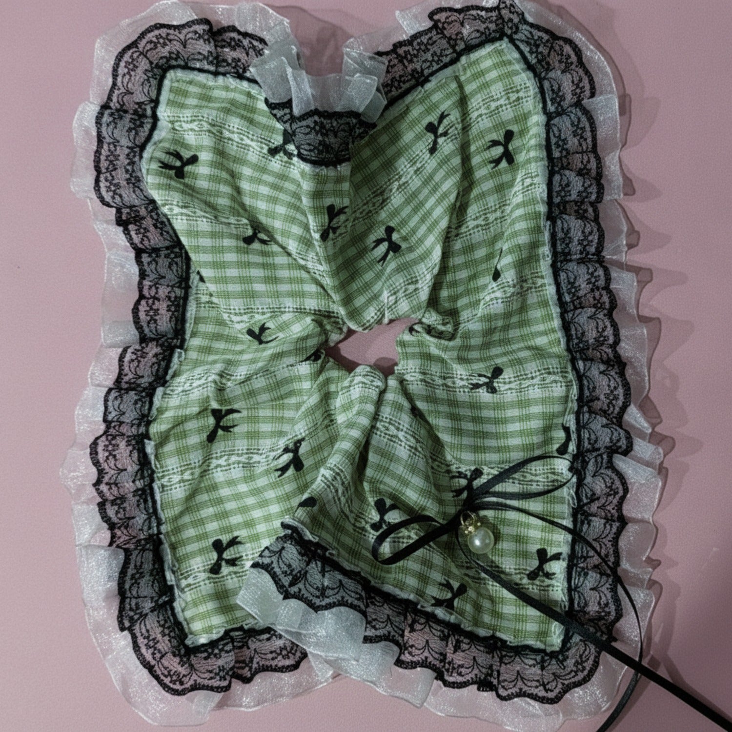 Green Plaid Lace Scrunchie Set With Bow