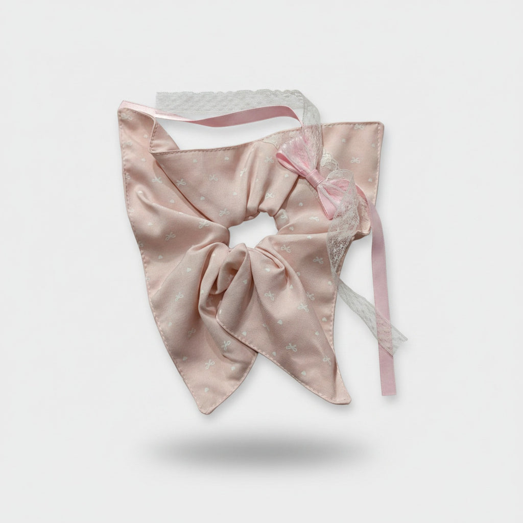 Satin Bow Hair Scrunchie With Lace Detail