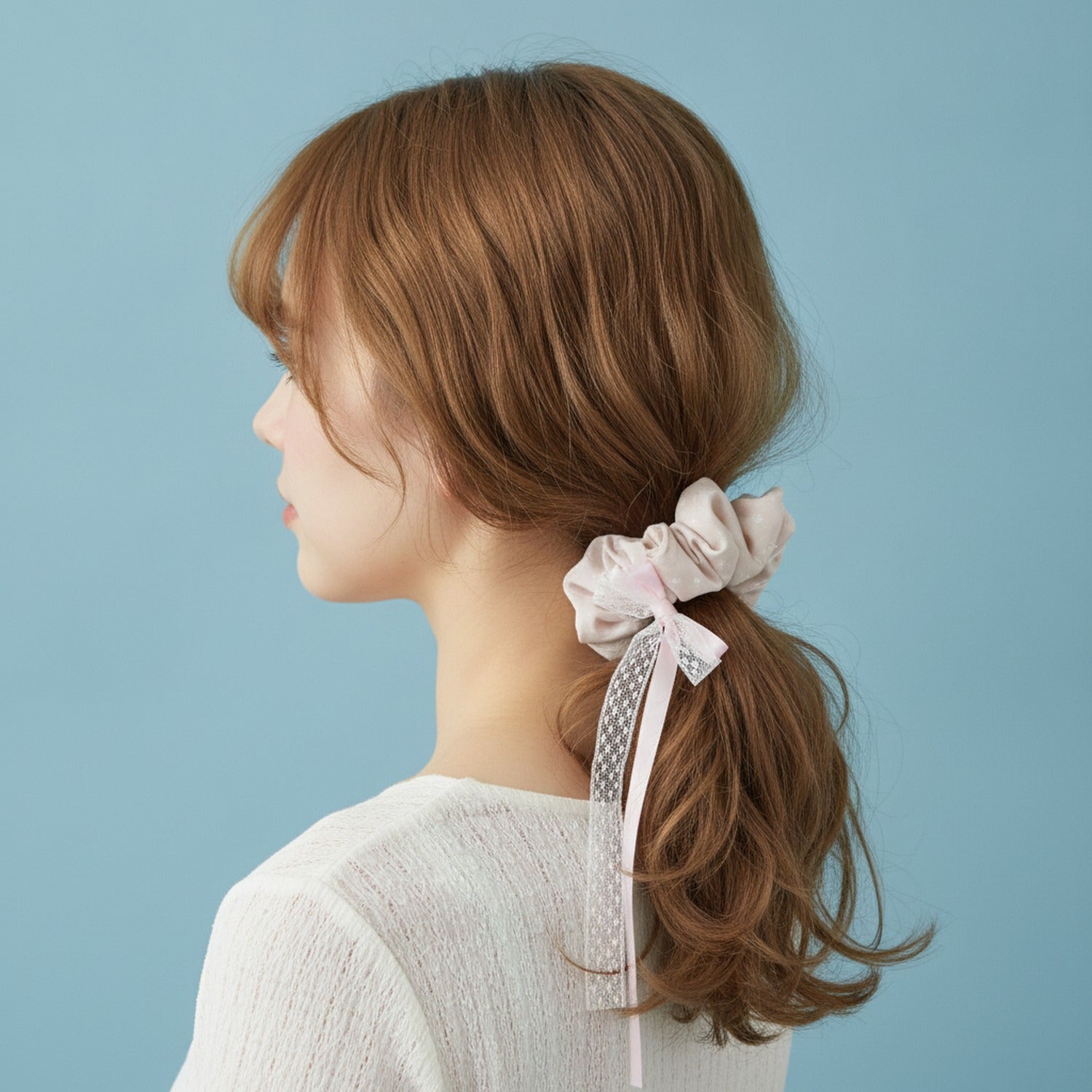 Satin Bow Hair Scrunchie With Lace Detail