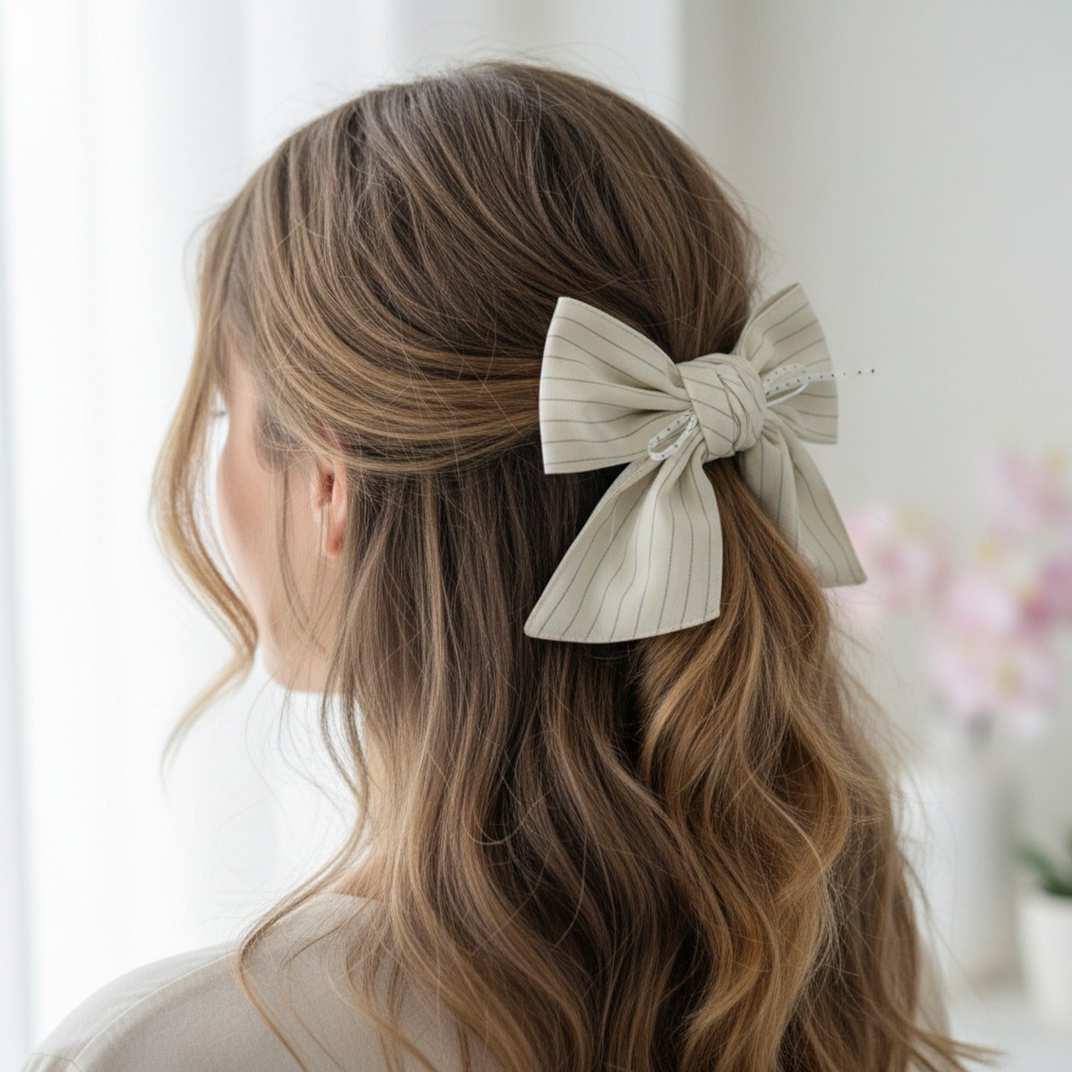 Pinstriped Linen Hair Tie Bow Set