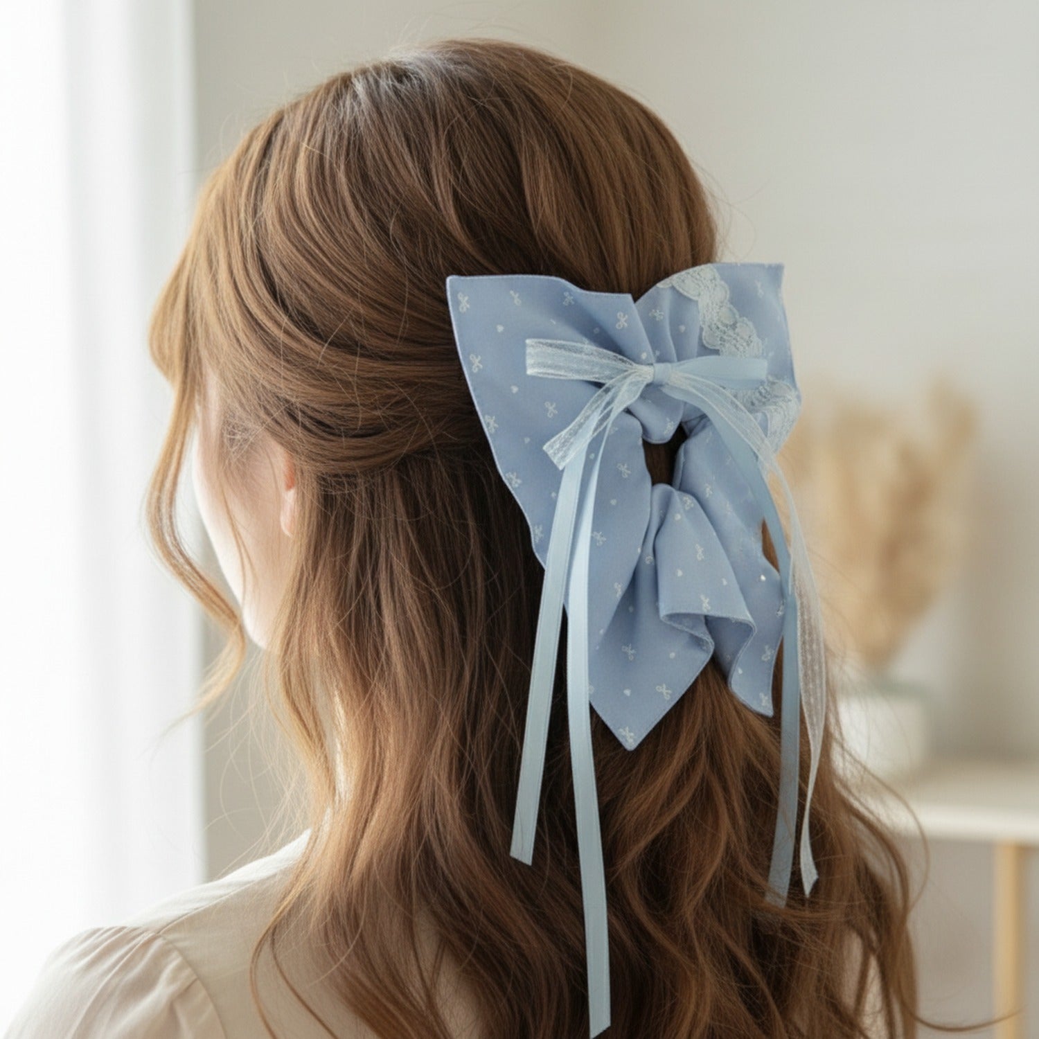 Blue Floral Lace Bow Hair Clip