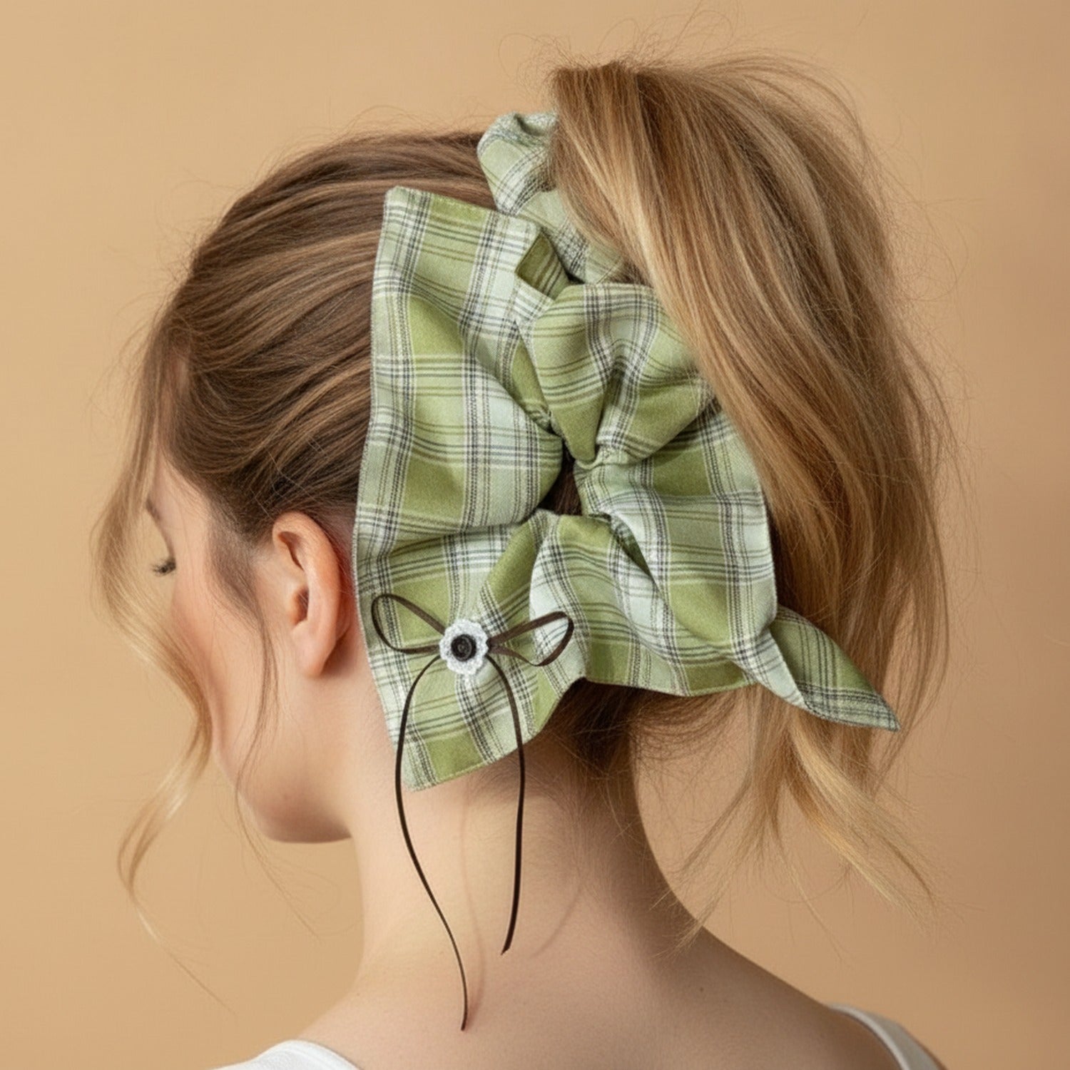 Green Plaid Bow Hair Tie Scrunchie