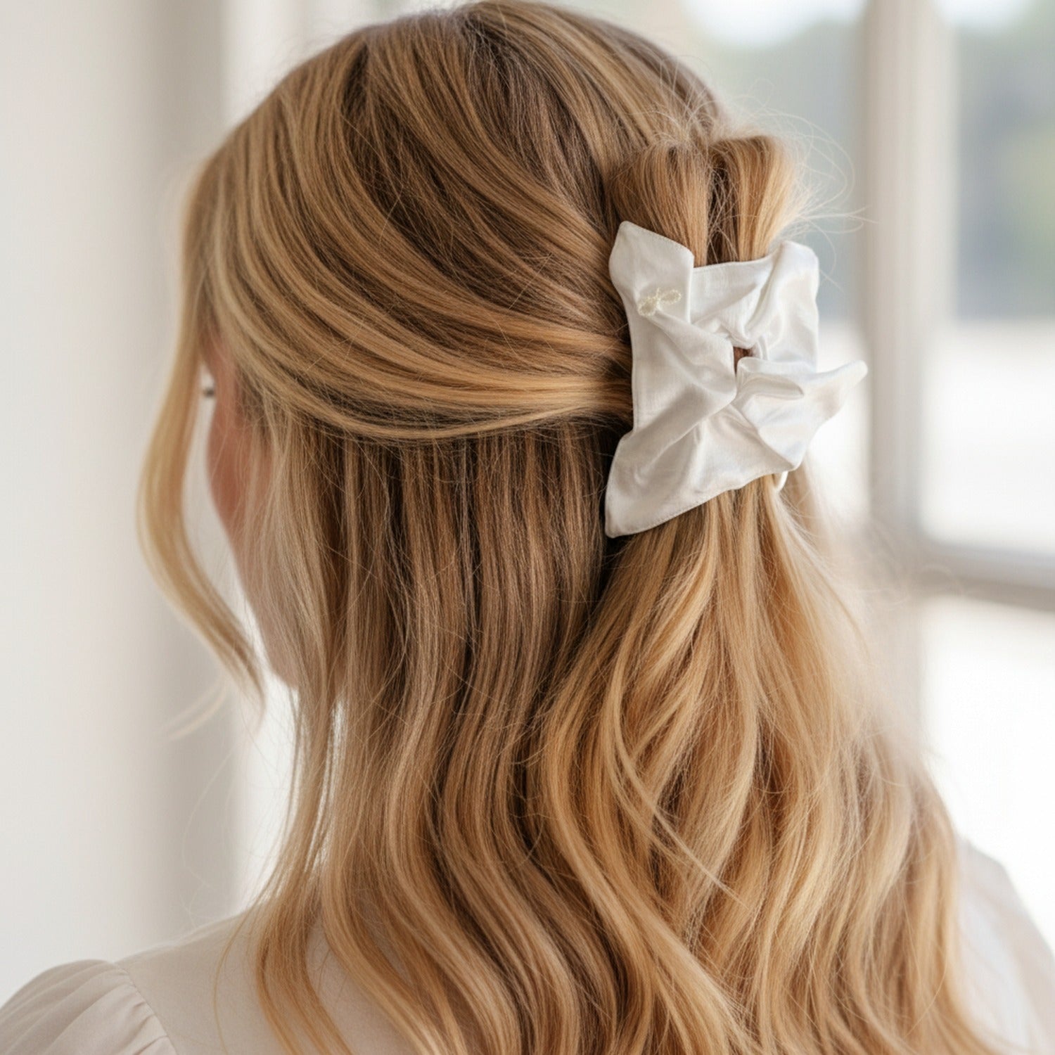 Satin Pearl Hair Bow Scrunchie Ivory